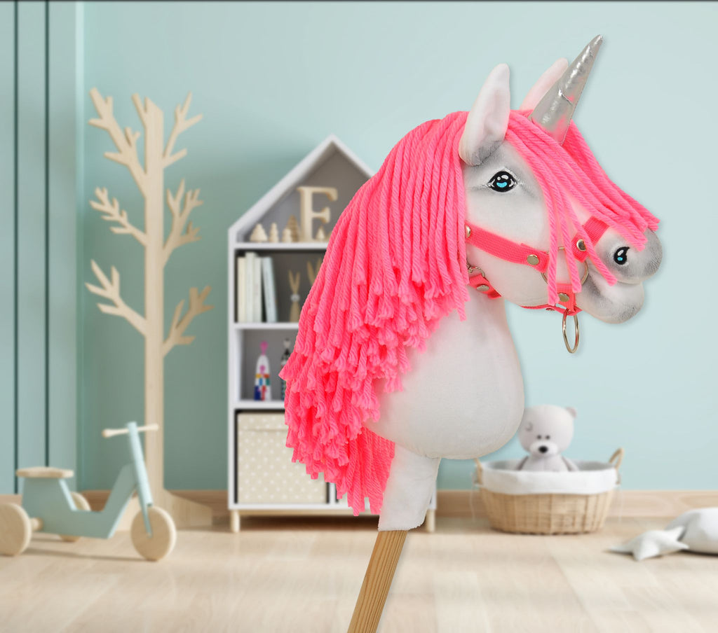 Hobby Horse Unicorn on a stick - white with neon pink mane and silver horn A4