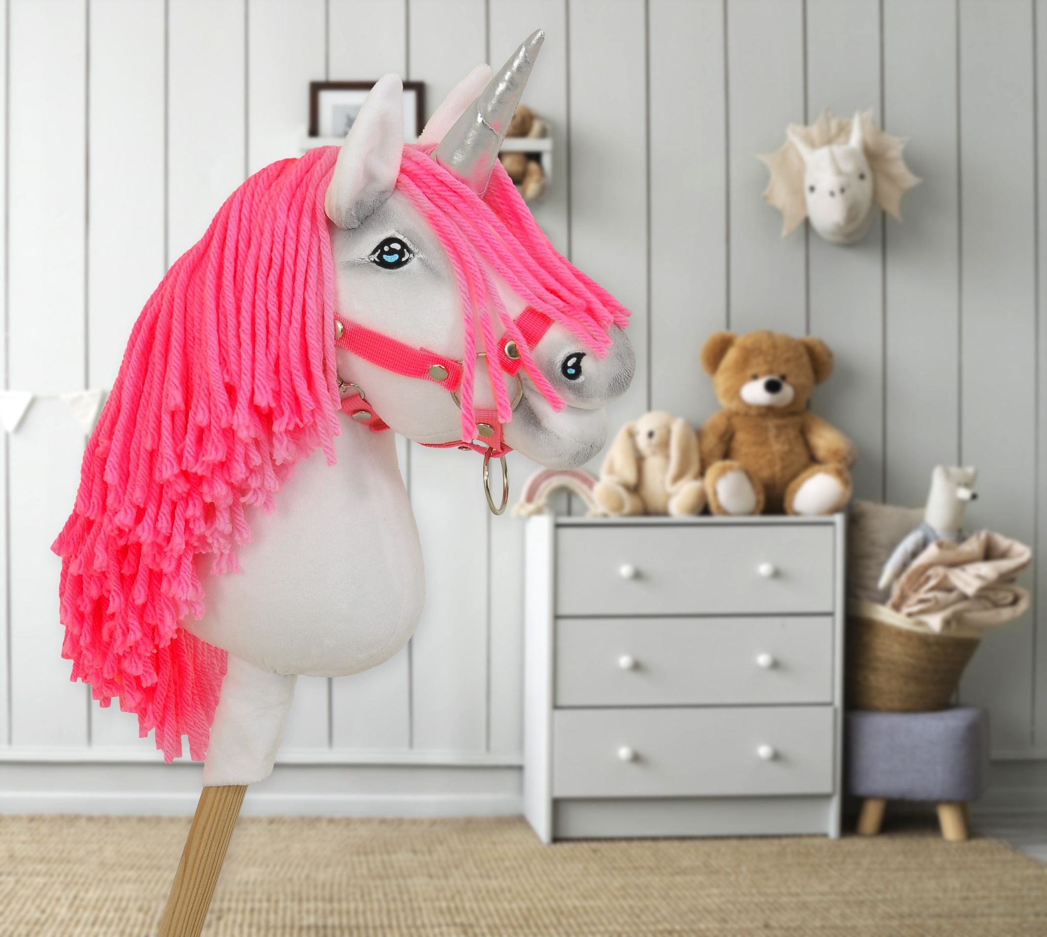 Hobby Horse Unicorn on a stick - white with neon pink mane and silver horn A4