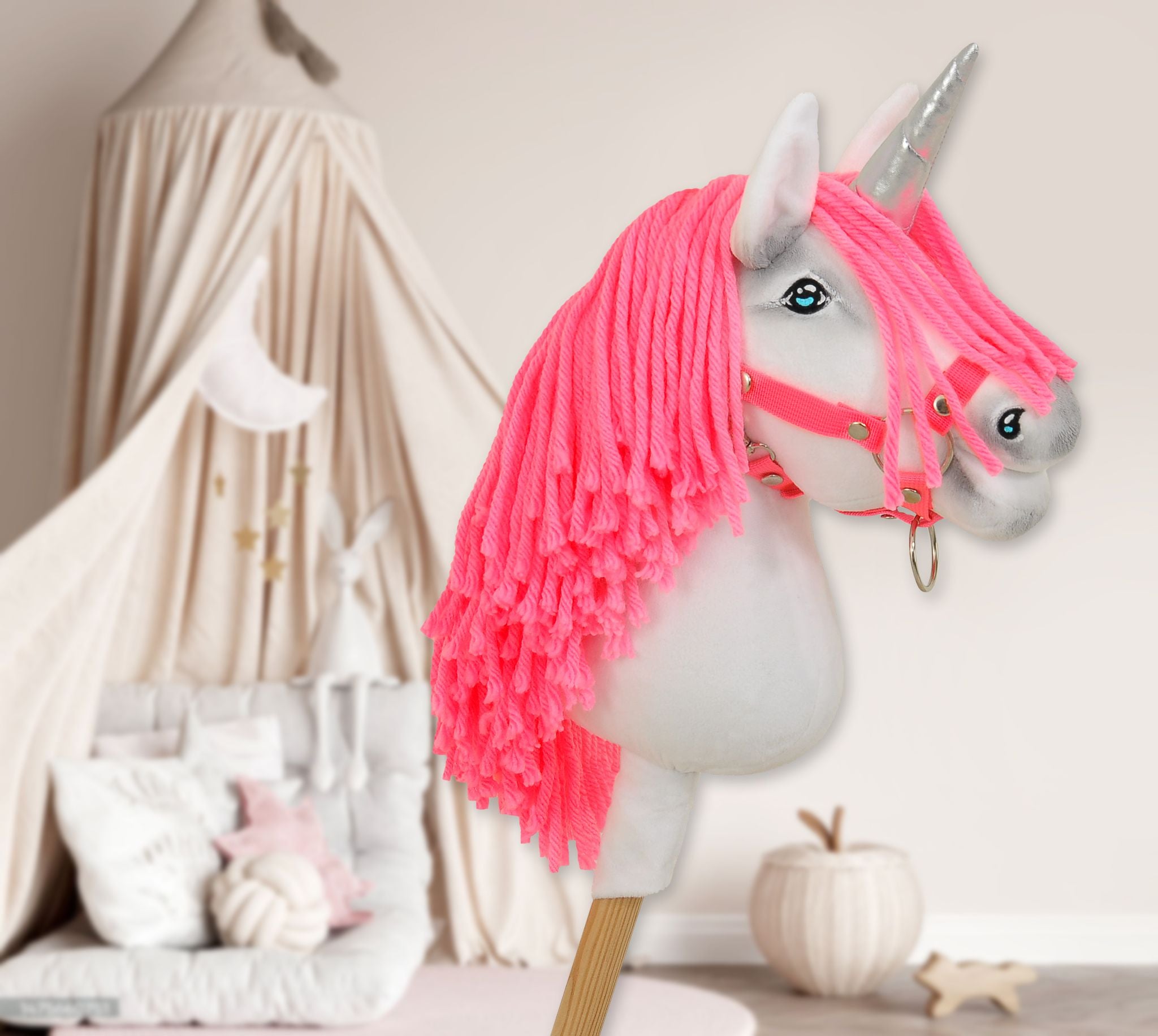 Hobby Horse Unicorn on a stick - white with neon pink mane and silver horn A4
