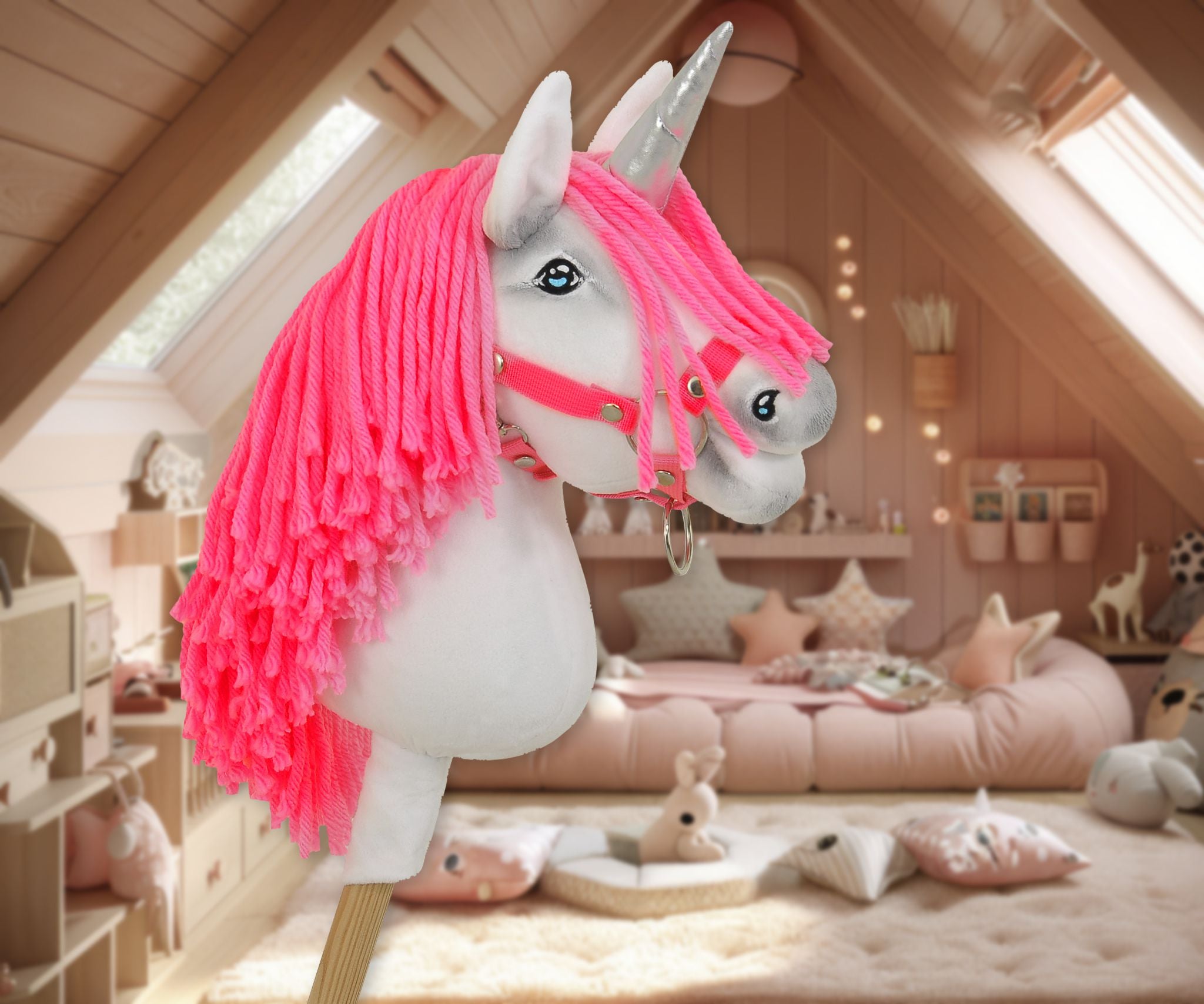 Hobby Horse Unicorn on a stick - white with neon pink mane and silver horn A4
