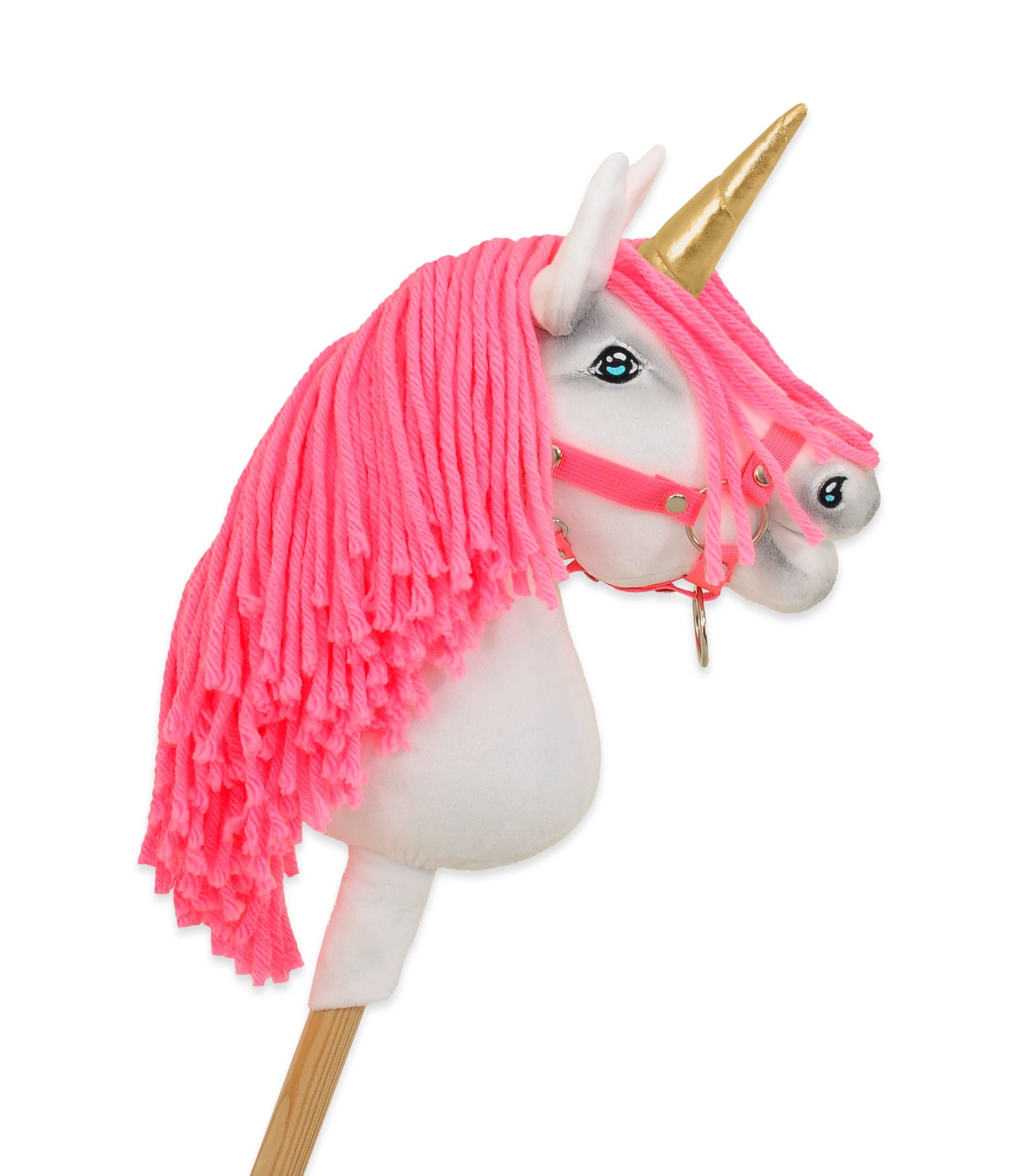 Hobby Horse Unicorn on a stick - white with neon pink mane and gold horn A4