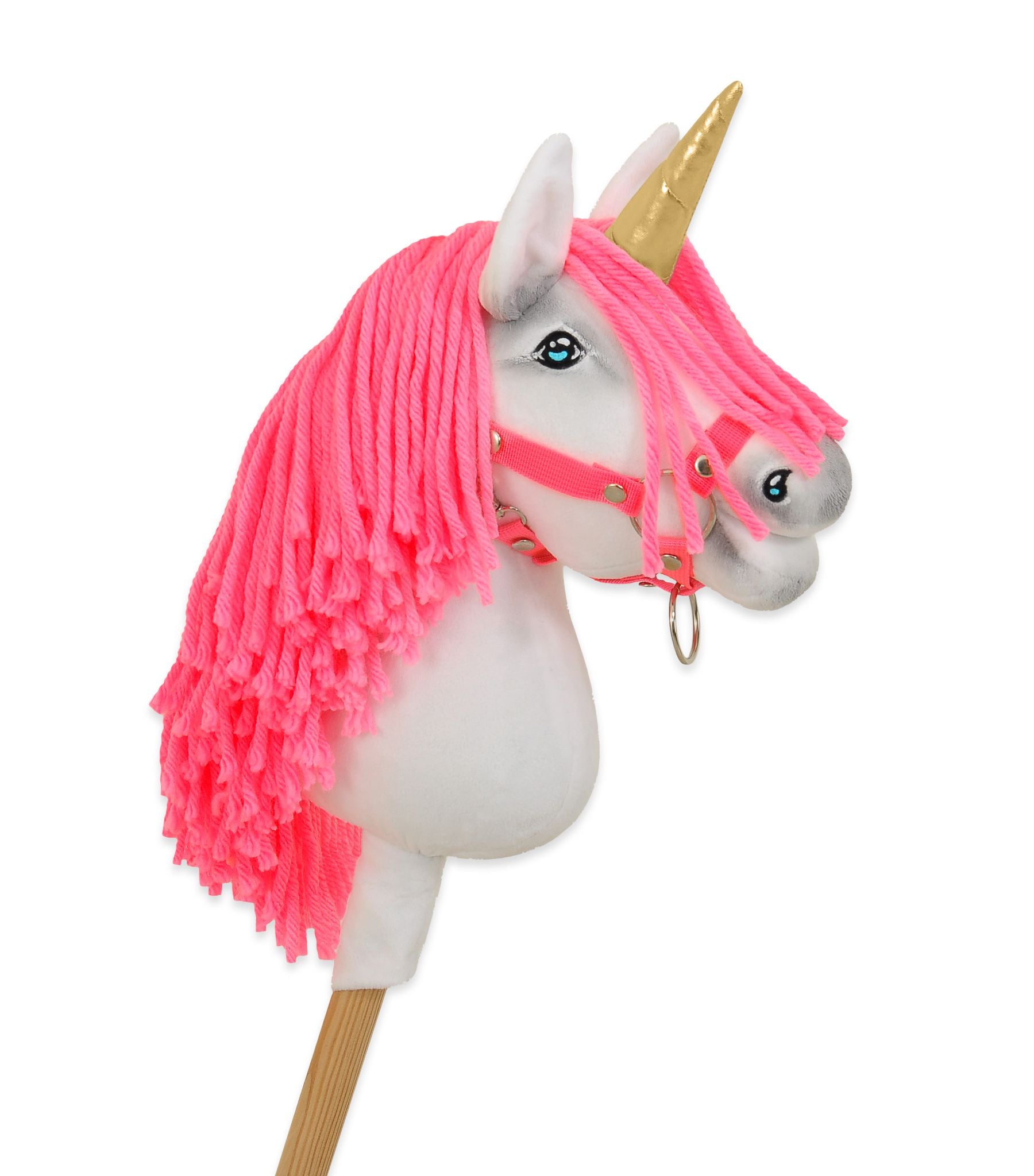 Hobby Horse Unicorn on a stick - white with neon pink mane and gold horn A4