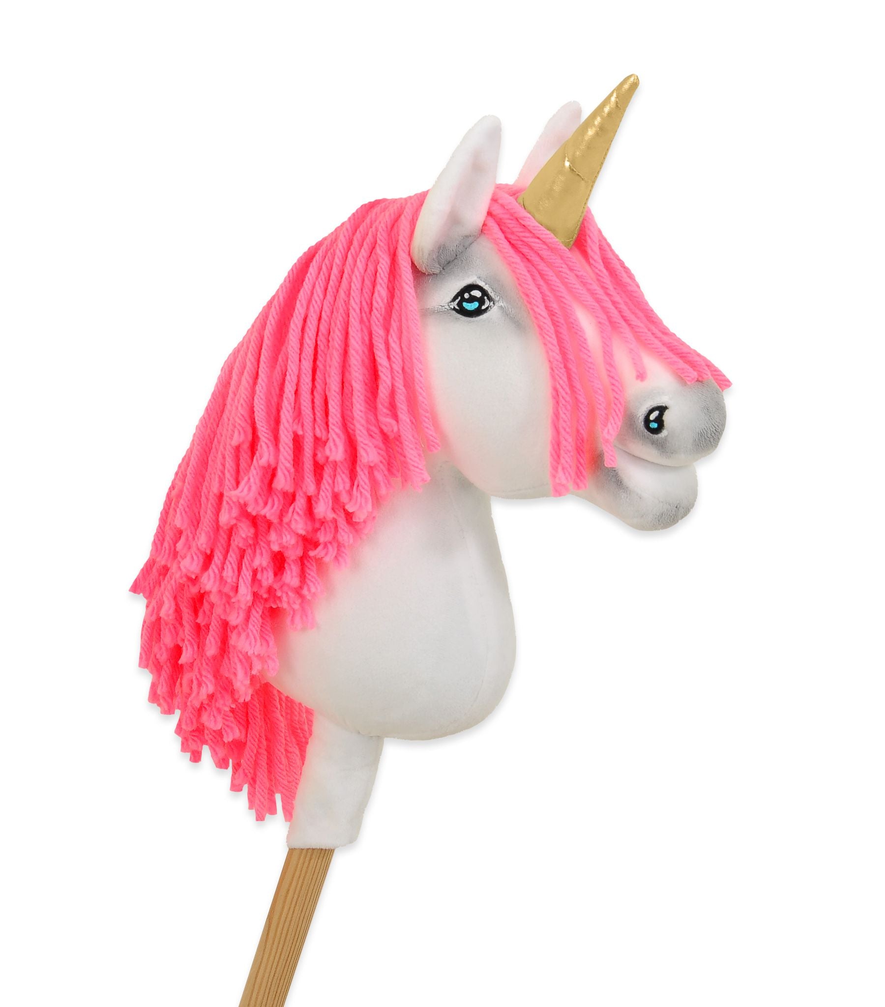 Hobby Horse Unicorn on a stick - white with neon pink mane and gold horn A4