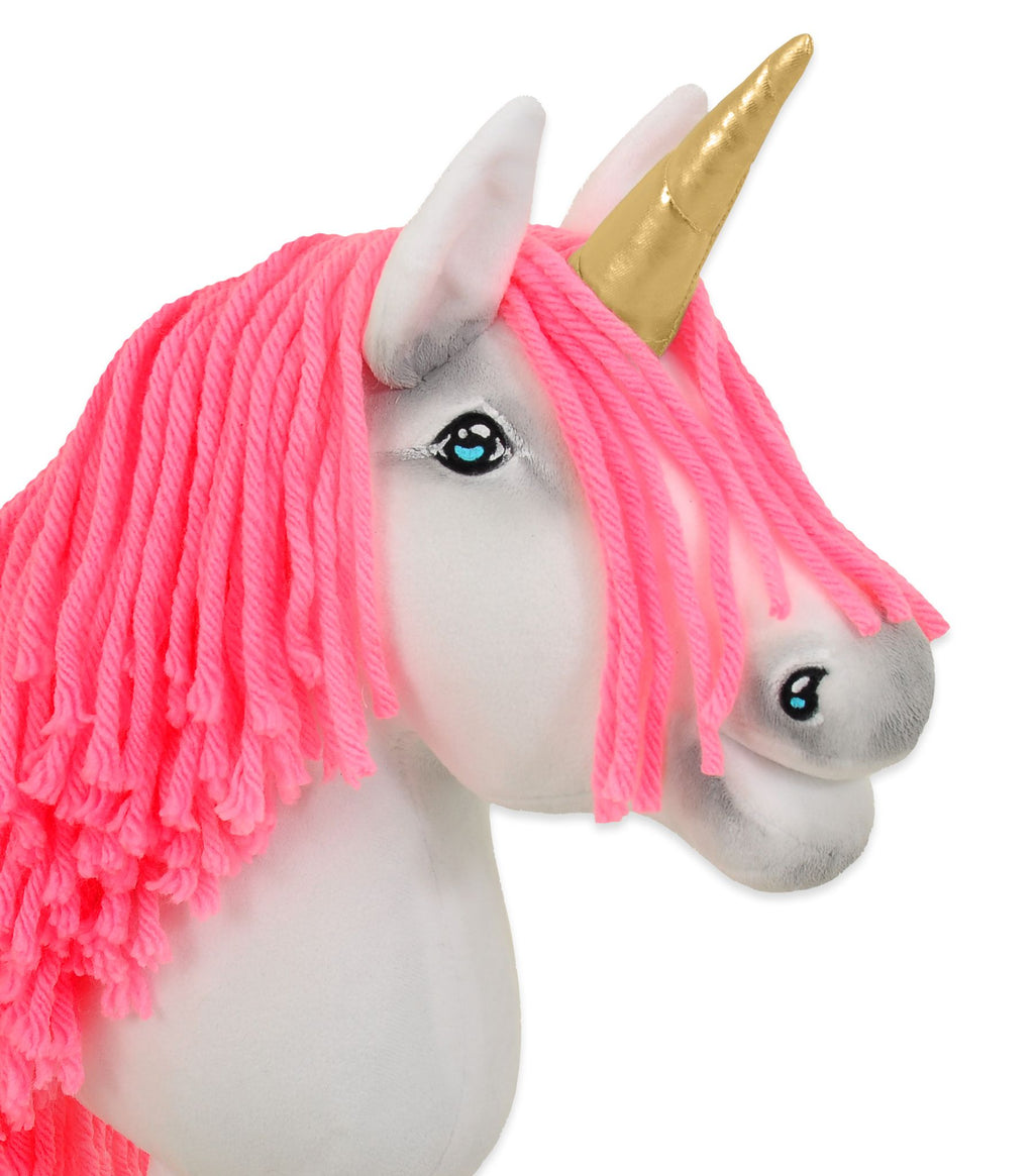 Hobby Horse Unicorn on a stick - white with neon pink mane and gold horn A4