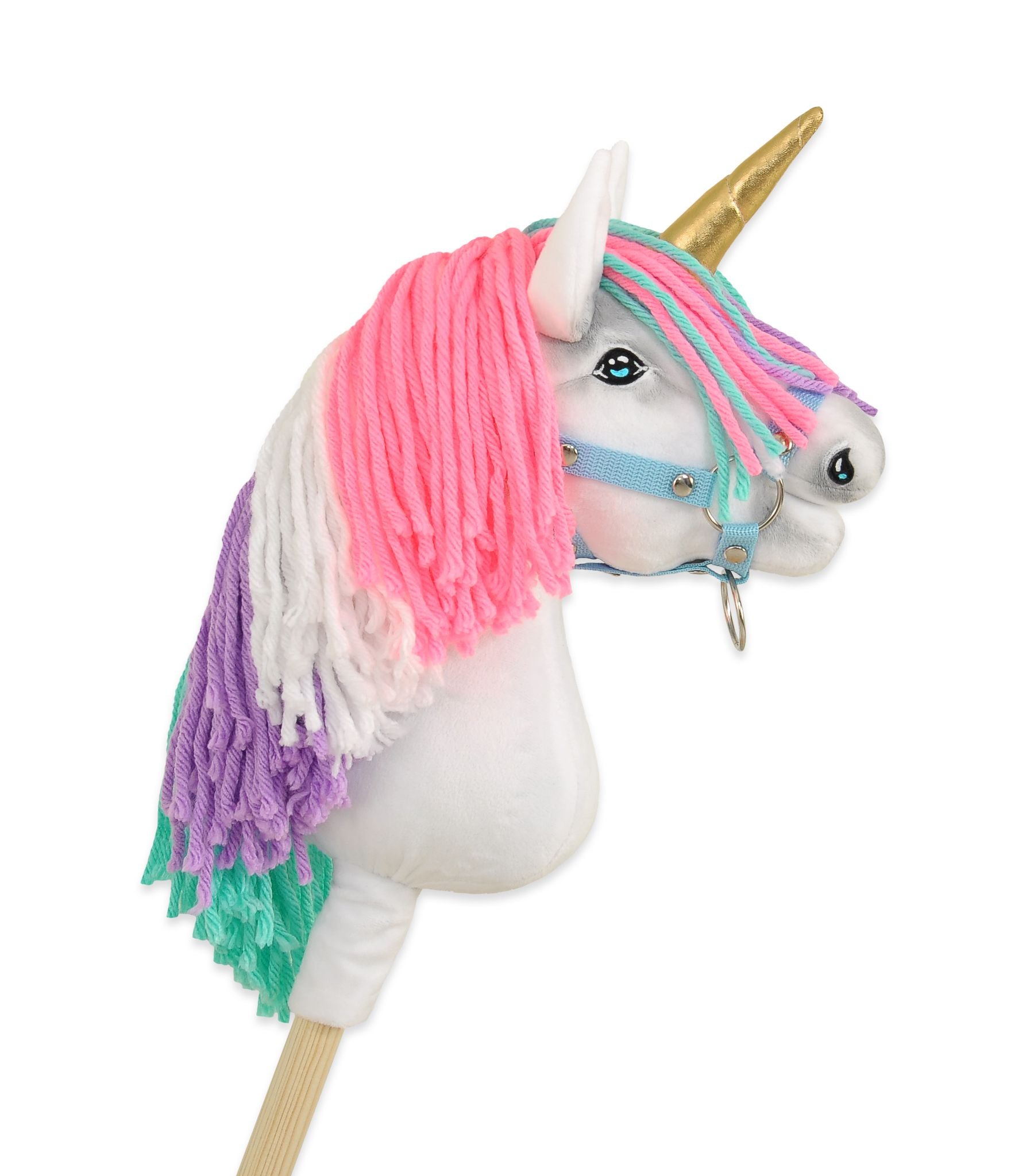 Hobby Horse Unicorn on a stick - white with coloured mane and gold horn A4