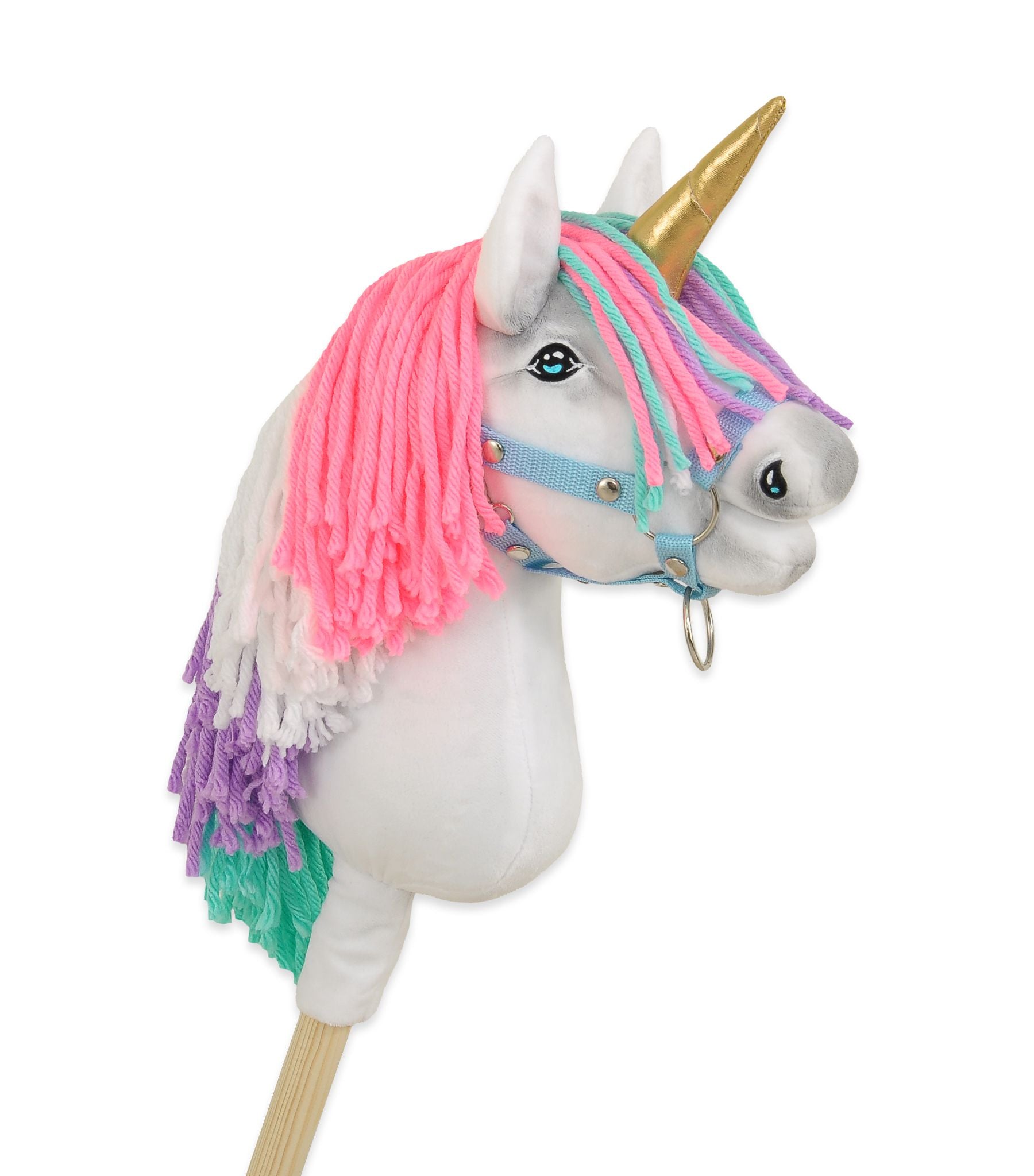 Hobby Horse Unicorn on a stick - white with coloured mane and gold horn A4