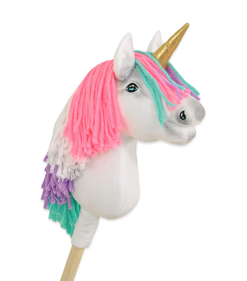 Hobby Horse Unicorn on a stick - white with coloured mane and gold horn A4