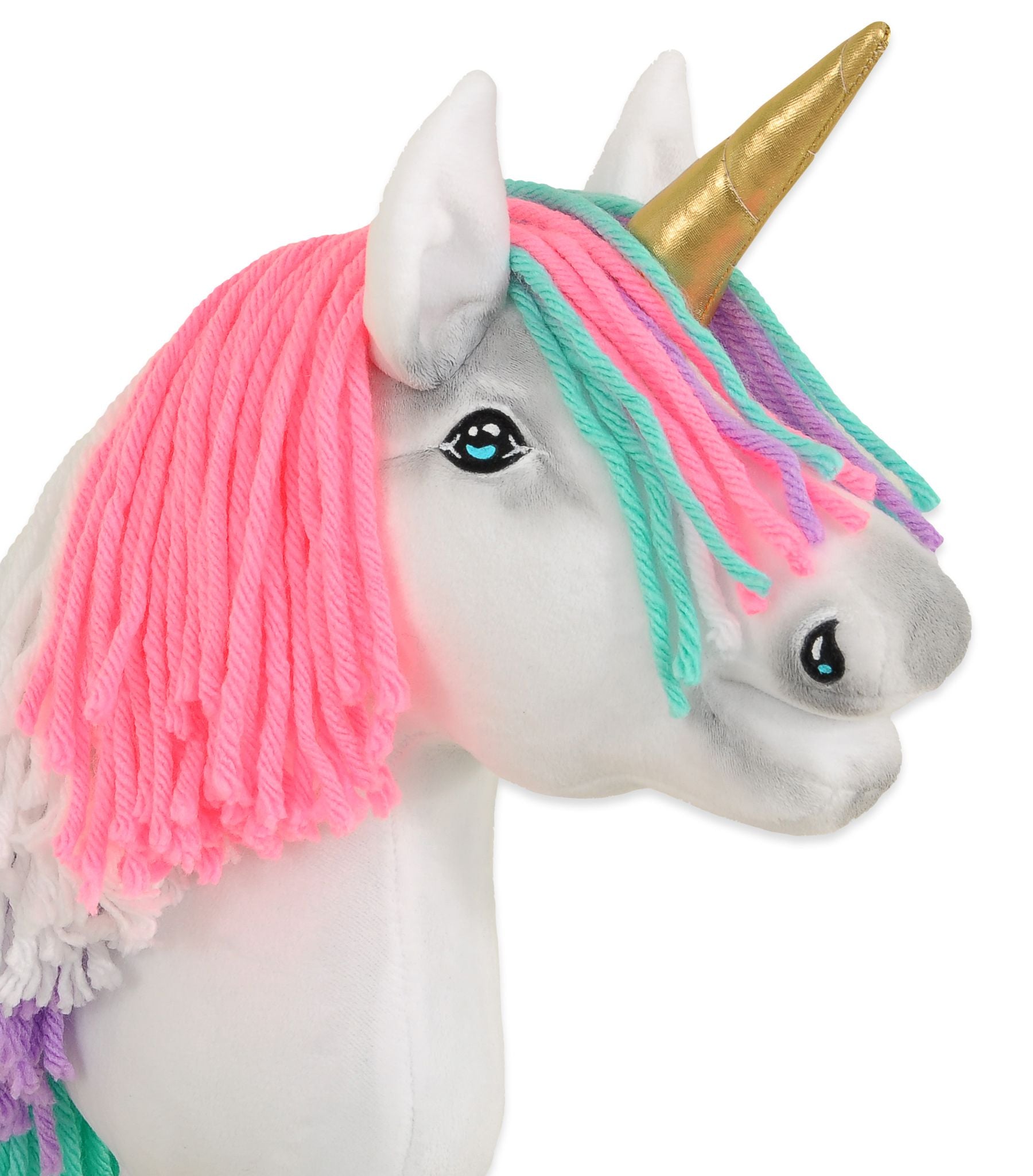 Hobby Horse Unicorn on a stick - white with coloured mane and gold horn A4
