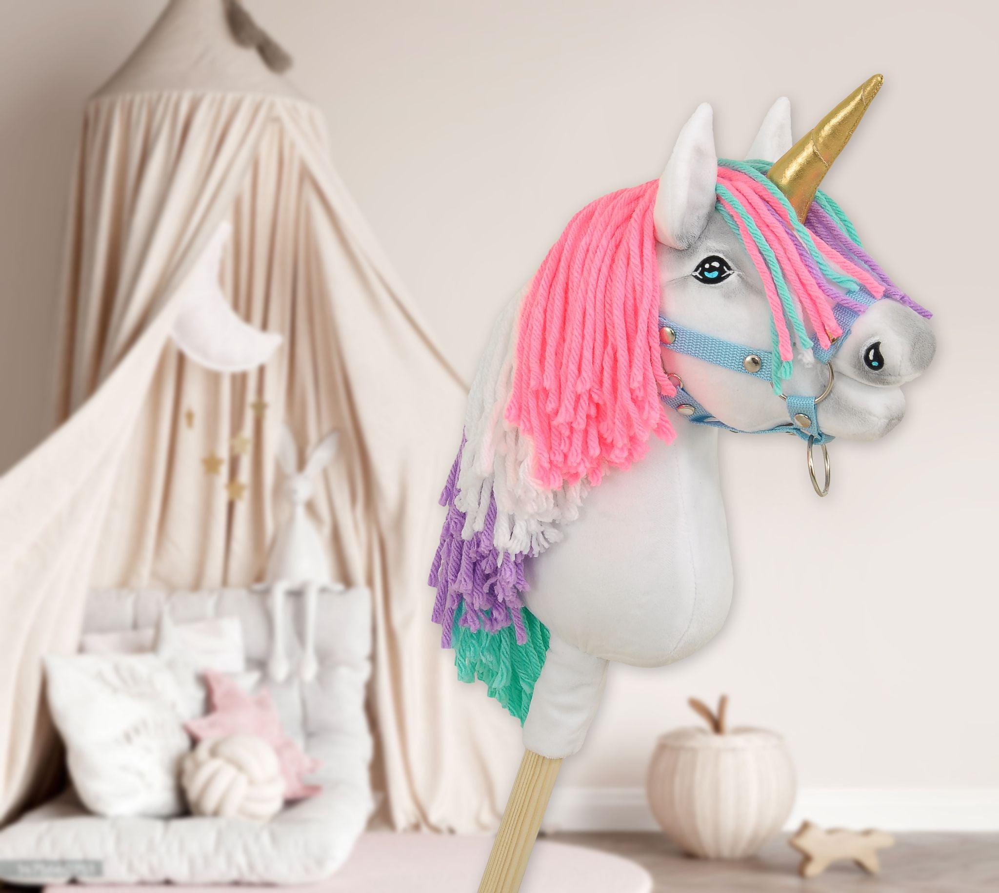 Hobby Horse Unicorn on a stick - white with coloured mane and gold horn A4
