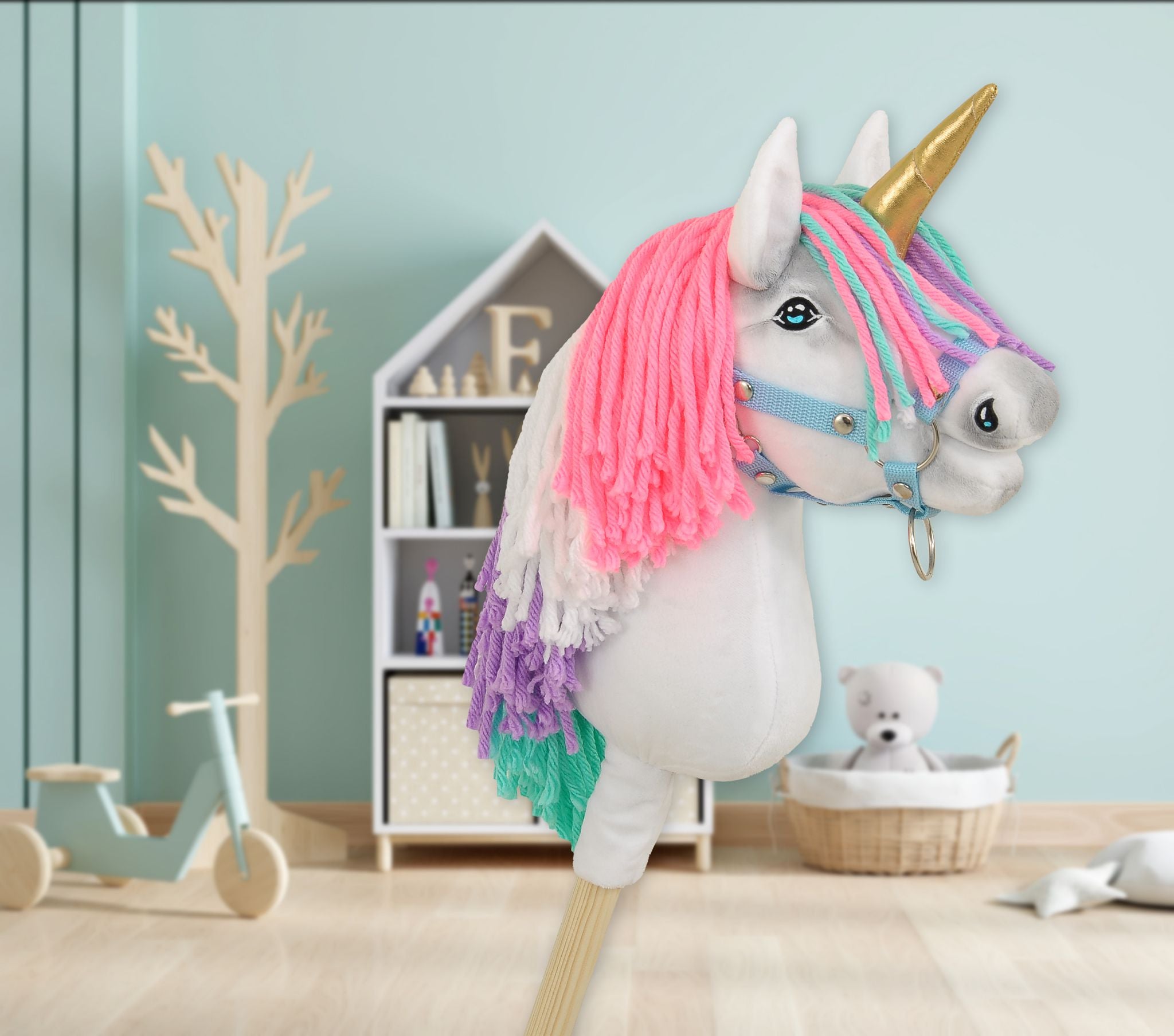 Hobby Horse Unicorn on a stick - white with coloured mane and gold horn A4