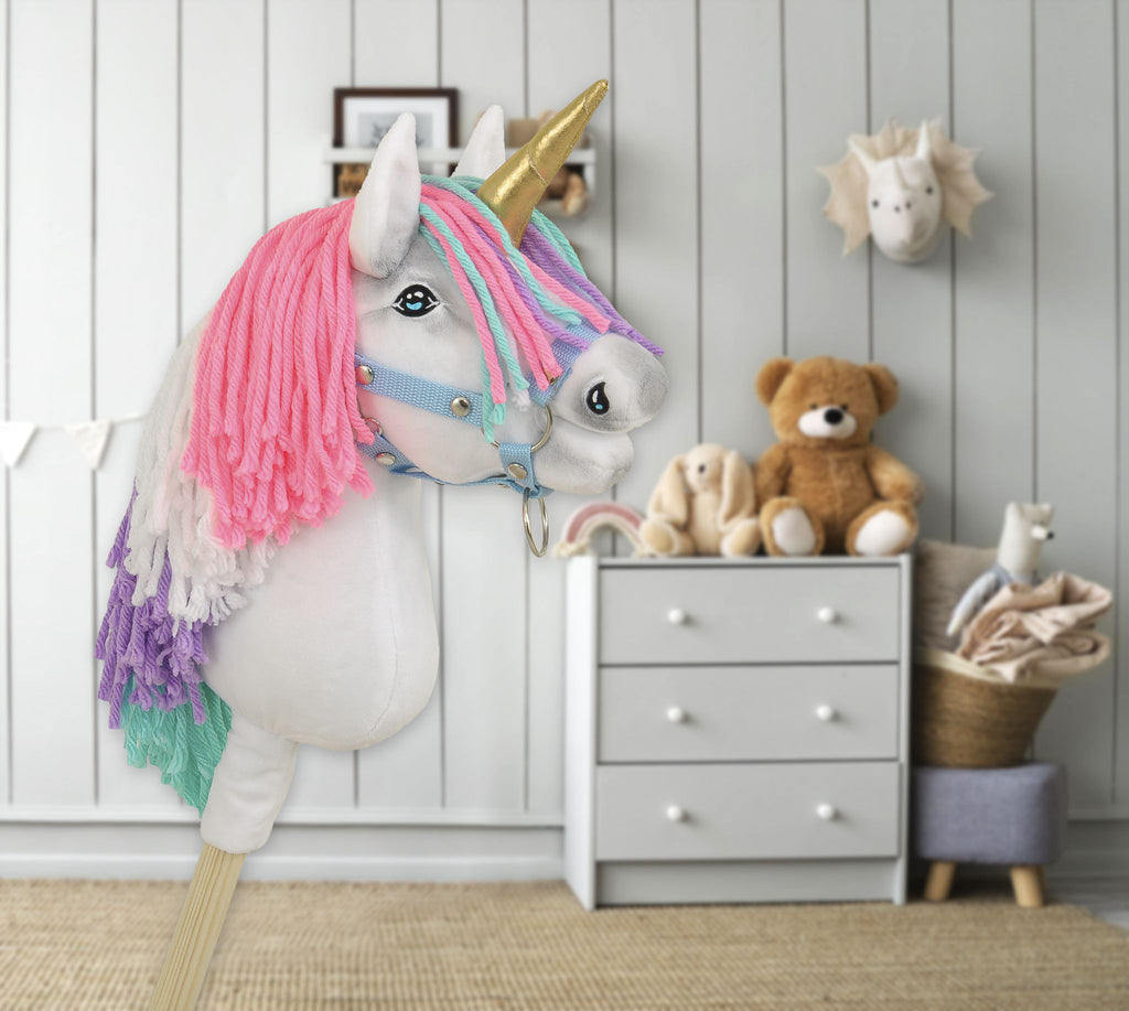 Hobby Horse Unicorn on a stick - white with coloured mane and gold horn A4