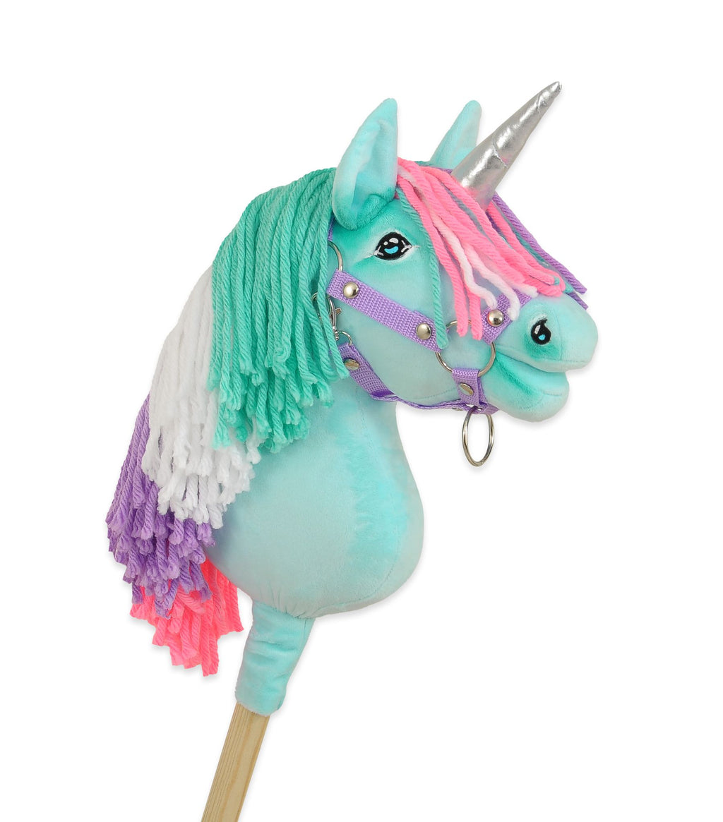 Hobby Horse Unicorn on a stick - mint with coloured mane and silver horn A4