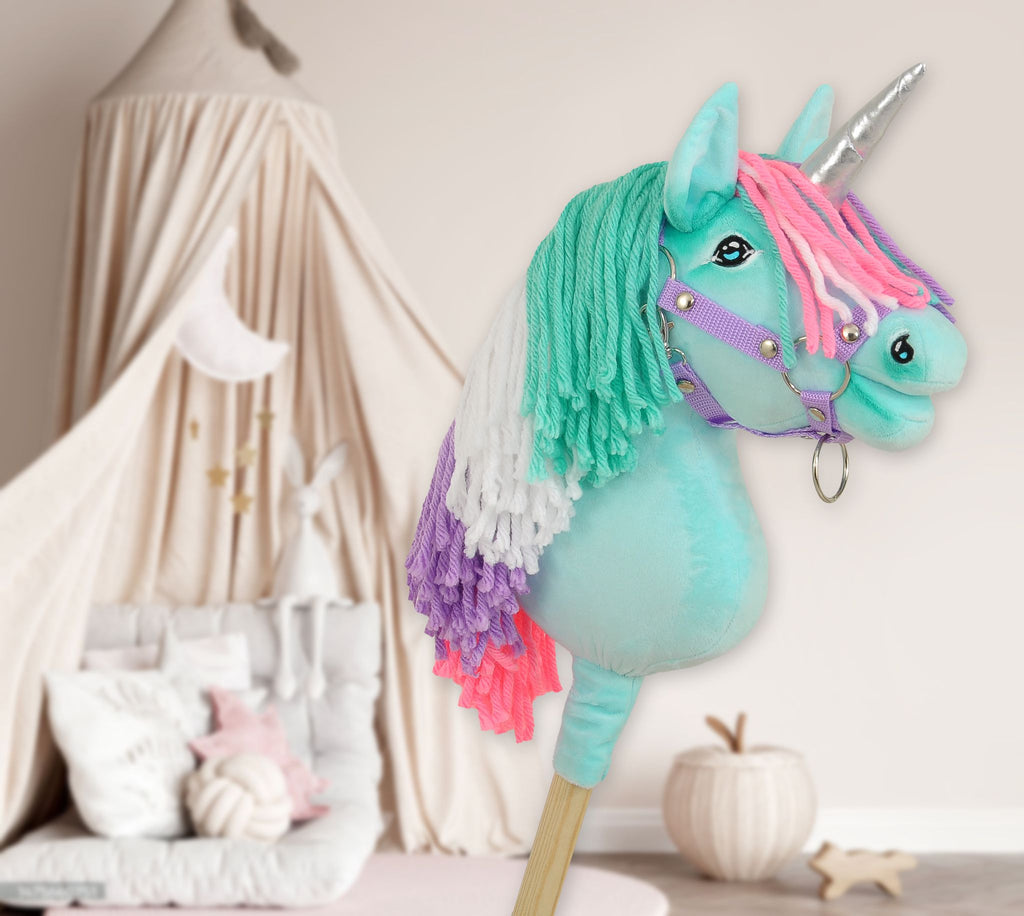 Hobby Horse Unicorn on a stick - mint with coloured mane and silver horn A4