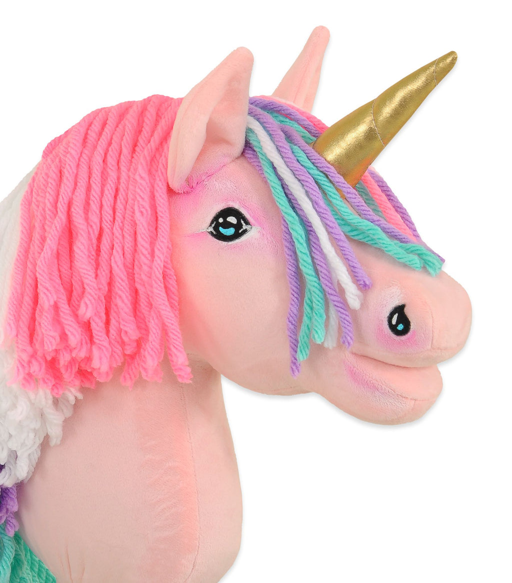 Hobby Horse Unicorn on a stick - pink with coloured mane and golden horn A4