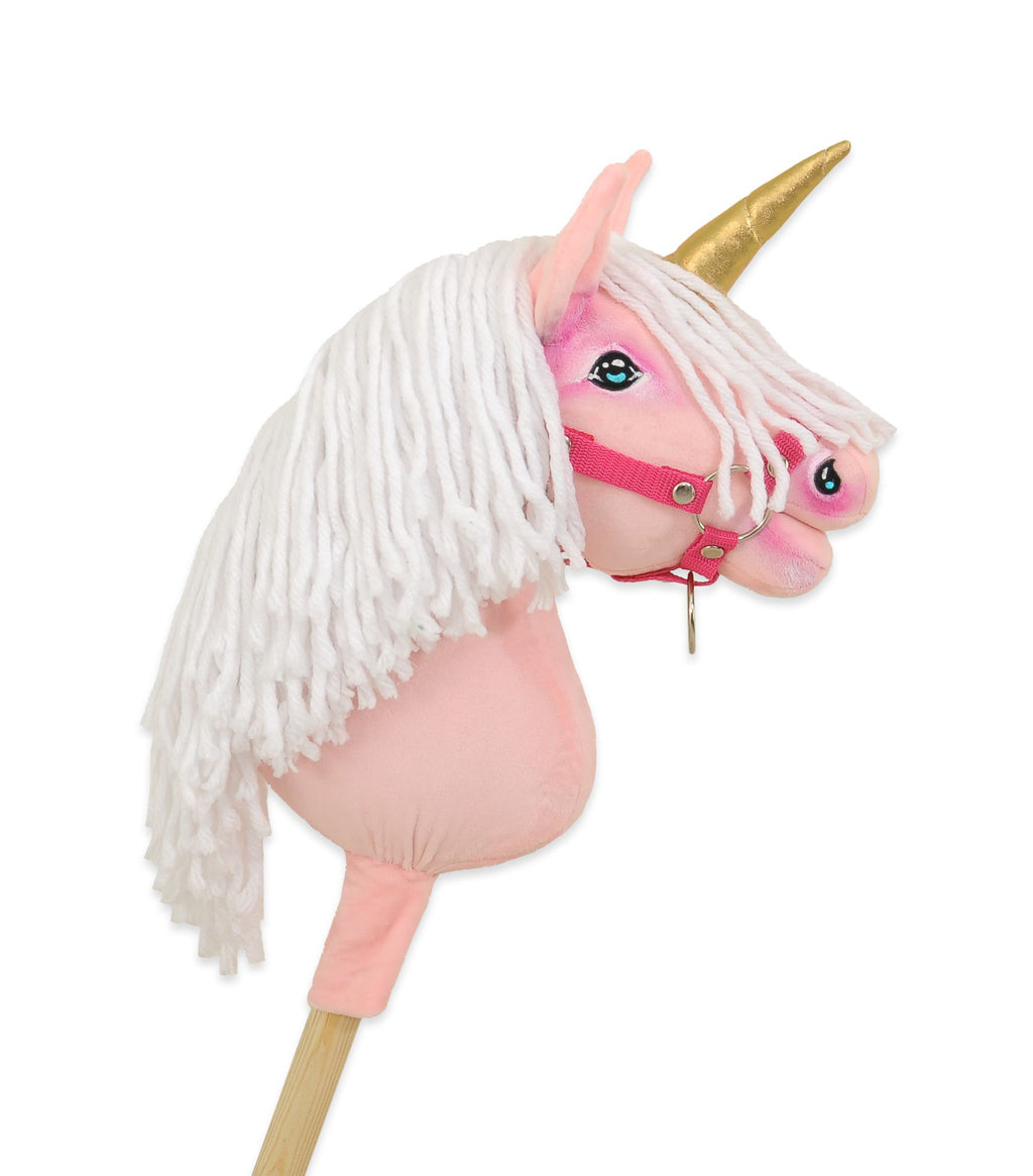 Hobby Horse Unicorn on a stick - pink with white mane and golden horn A4