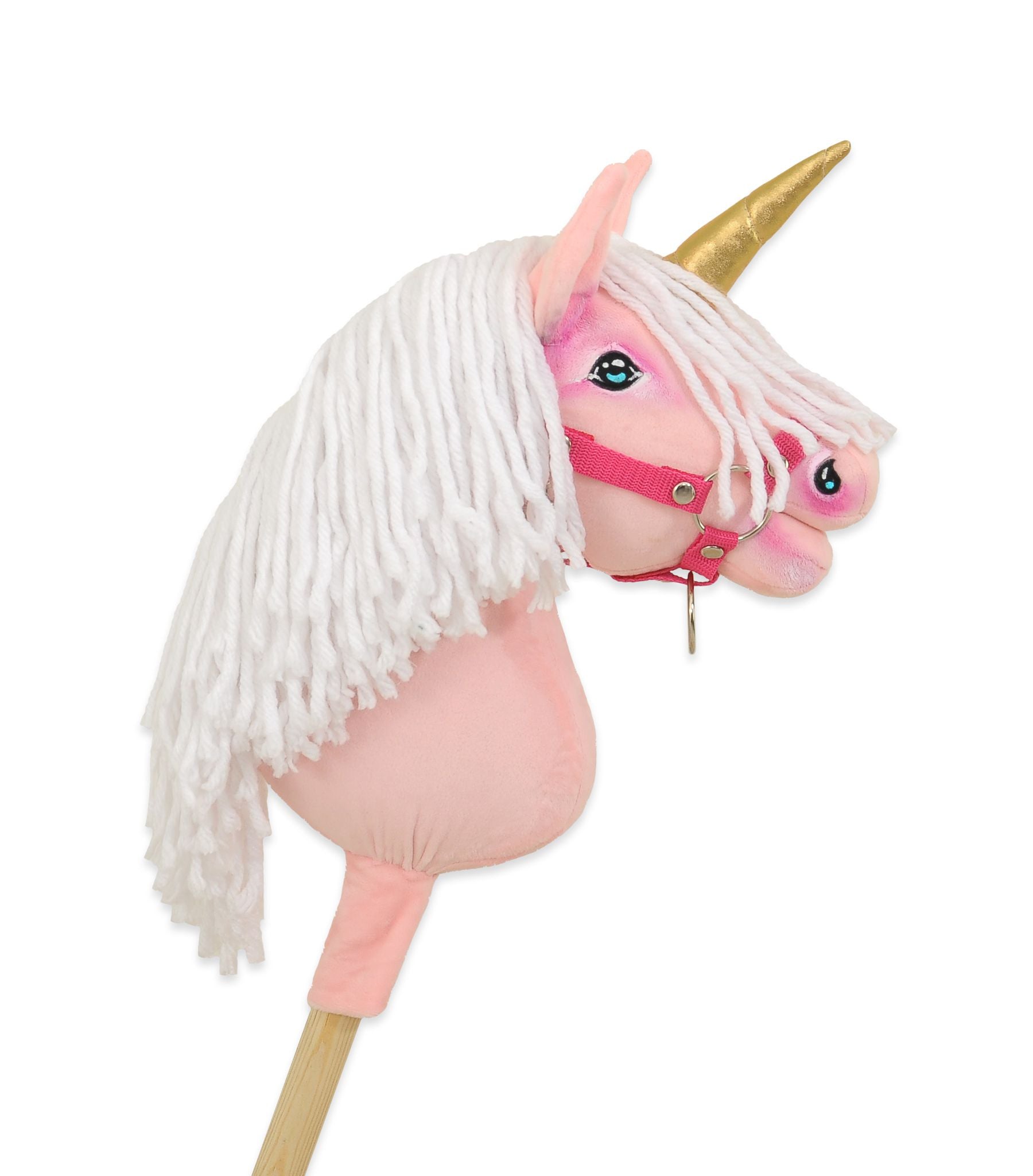Hobby Horse Unicorn on a stick - pink with white mane and golden horn A4