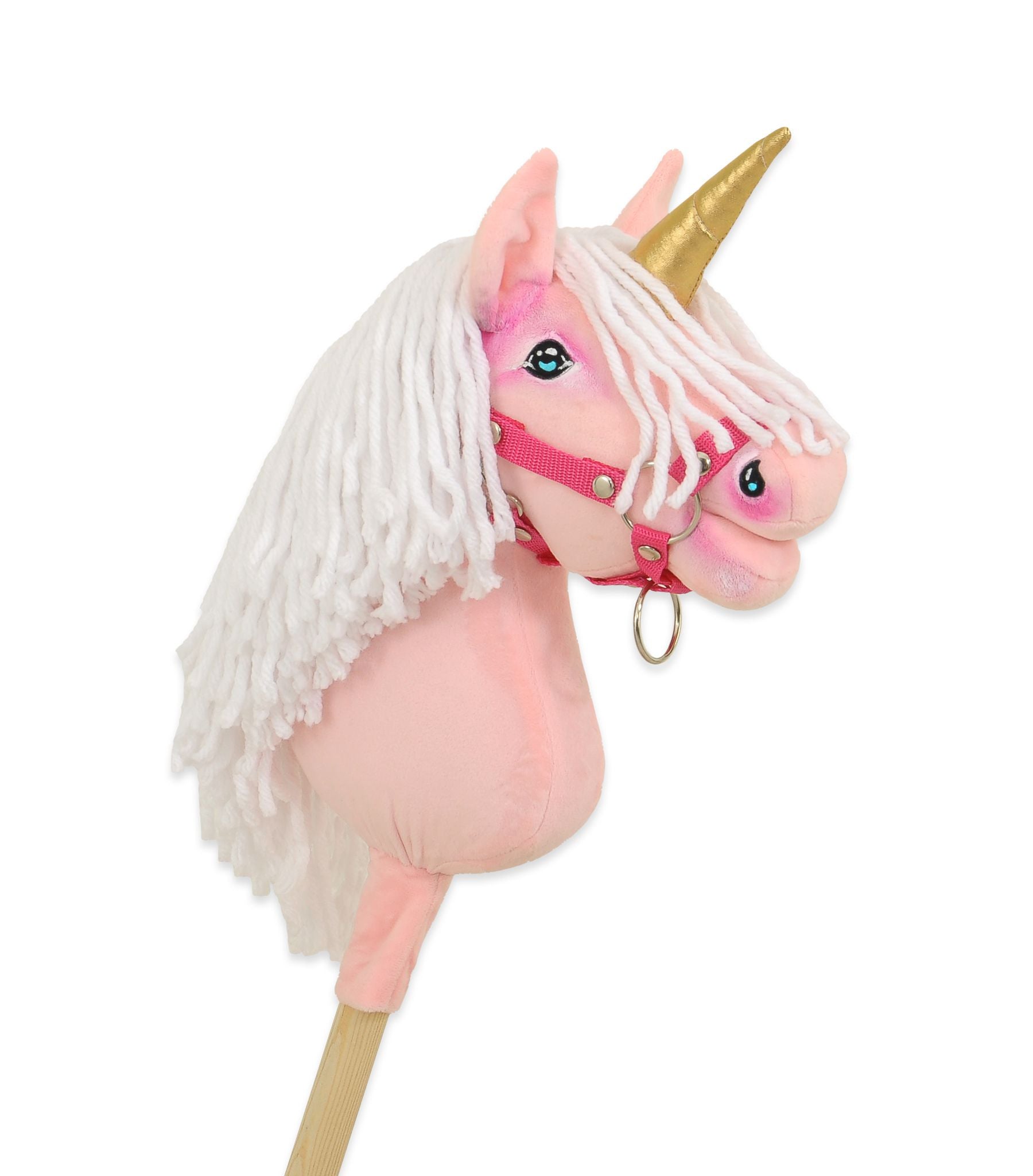 Hobby Horse Unicorn on a stick - pink with white mane and golden horn A4