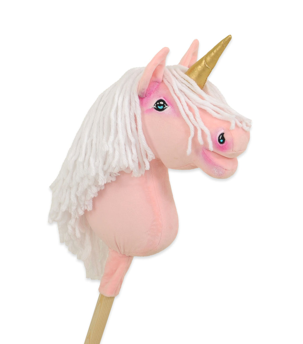 Hobby Horse Unicorn on a stick - pink with white mane and golden horn A4