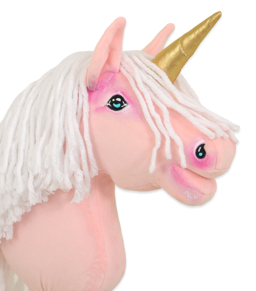Hobby Horse Unicorn on a stick - pink with white mane and golden horn A4