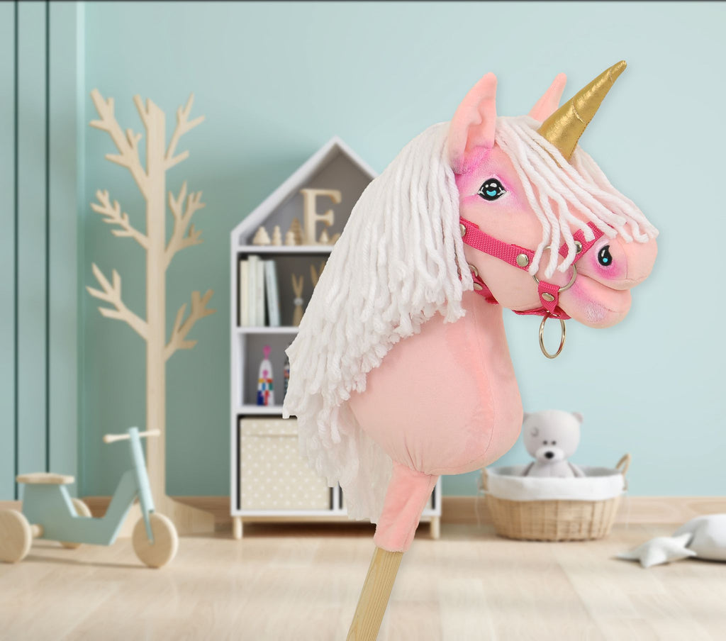 Hobby Horse Unicorn on a stick - pink with white mane and golden horn A4