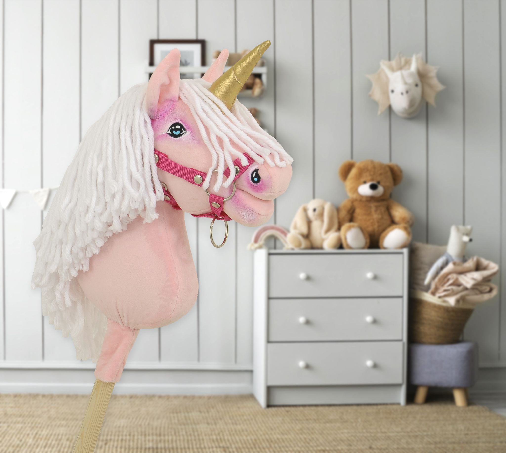 Hobby Horse Unicorn on a stick - pink with white mane and golden horn A4