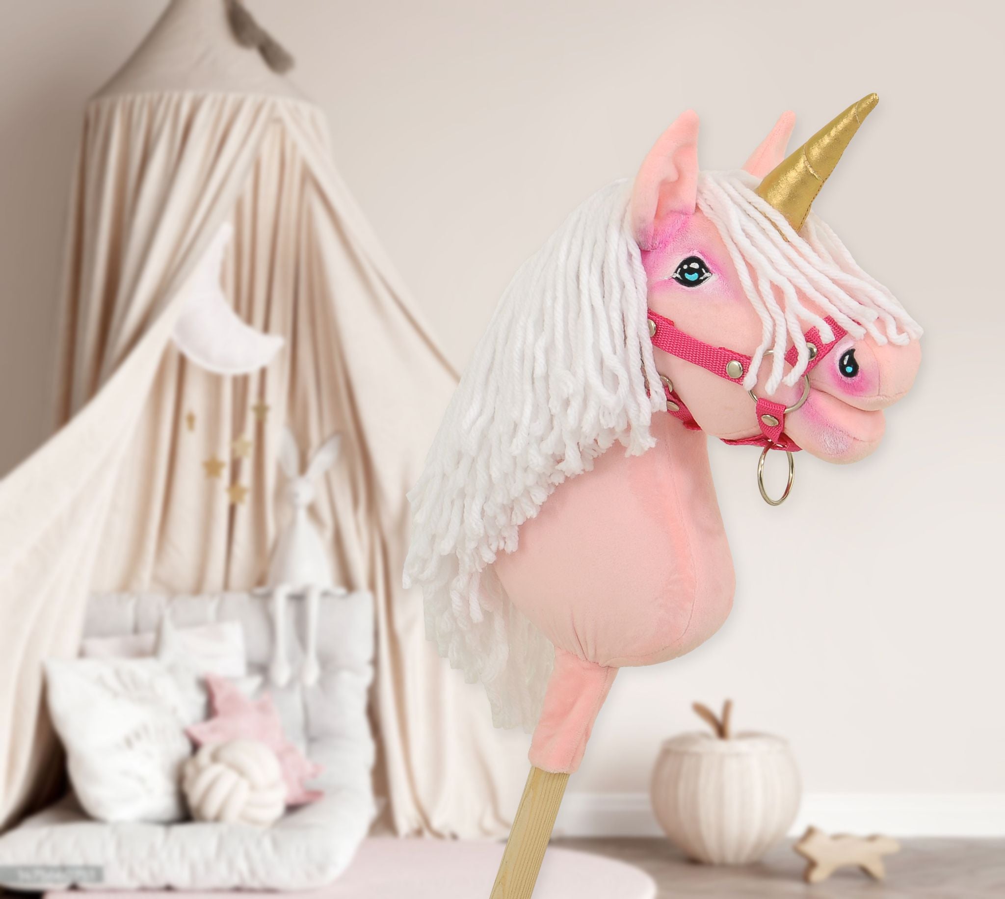Hobby Horse Unicorn on a stick - pink with white mane and golden horn A4