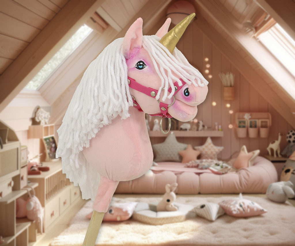 Hobby Horse Unicorn on a stick - pink with white mane and golden horn A4