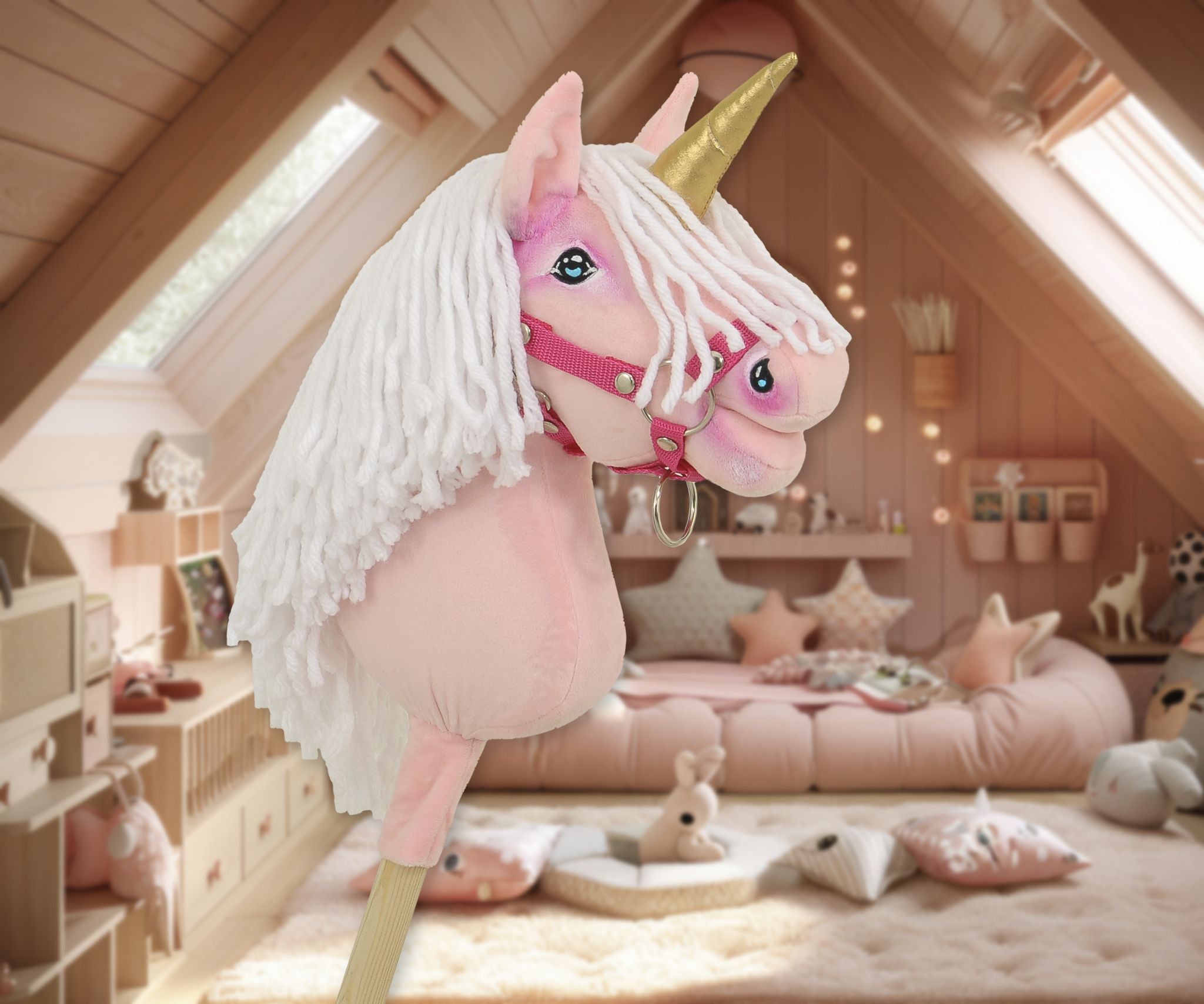Hobby Horse Unicorn on a stick - pink with white mane and golden horn A4