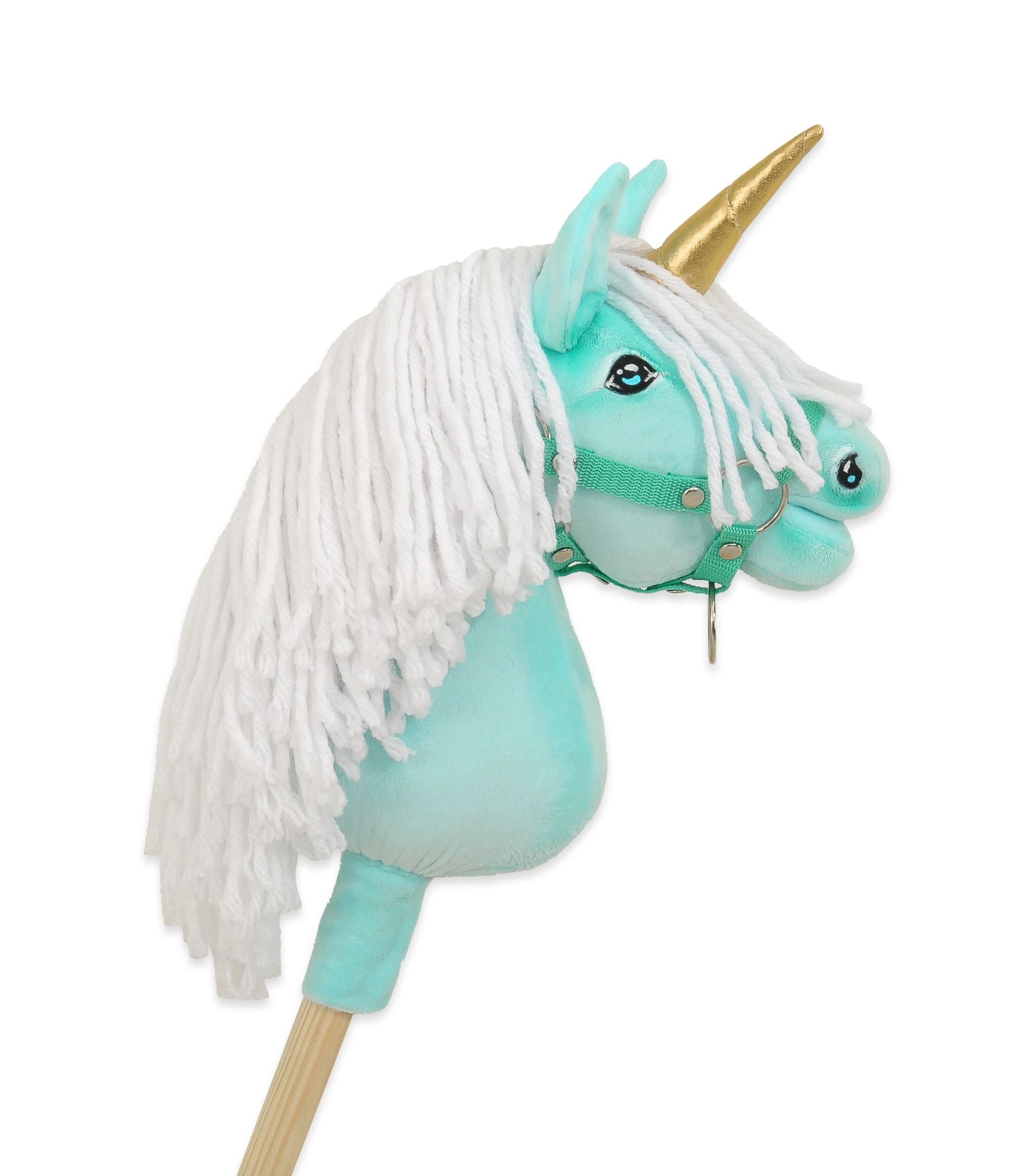 Hobby Horse Unicorn on a stick - mint with white mane and golden horn A4
