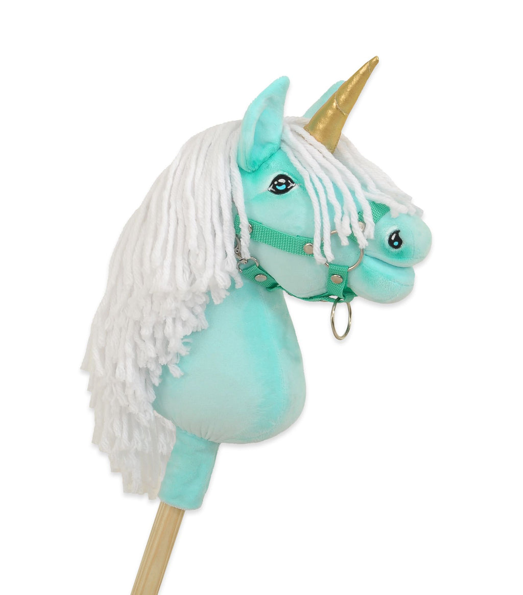 Hobby Horse Unicorn on a stick - mint with white mane and golden horn A4