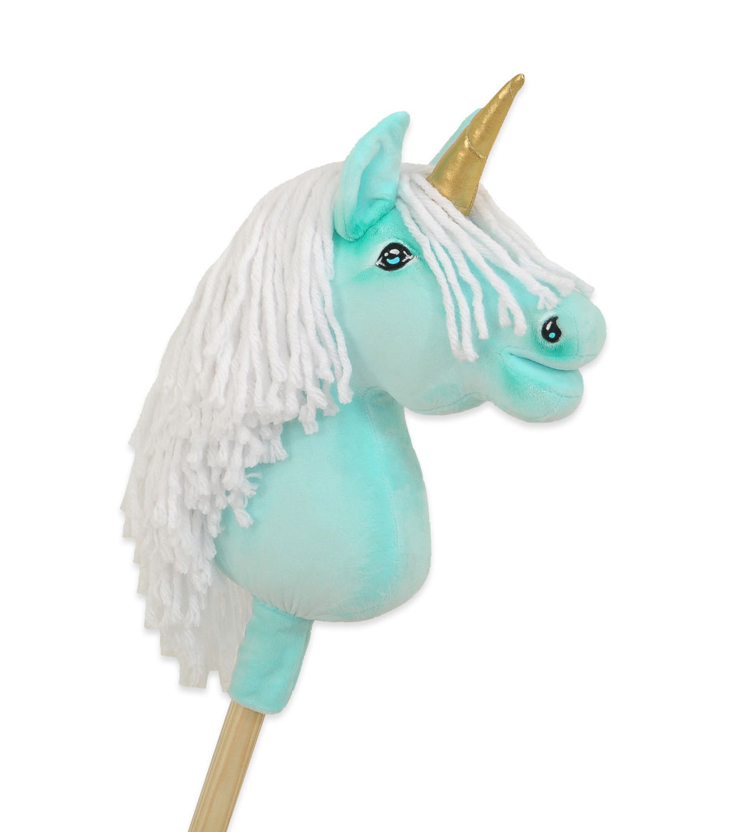 Hobby Horse Unicorn on a stick - mint with white mane and golden horn A4