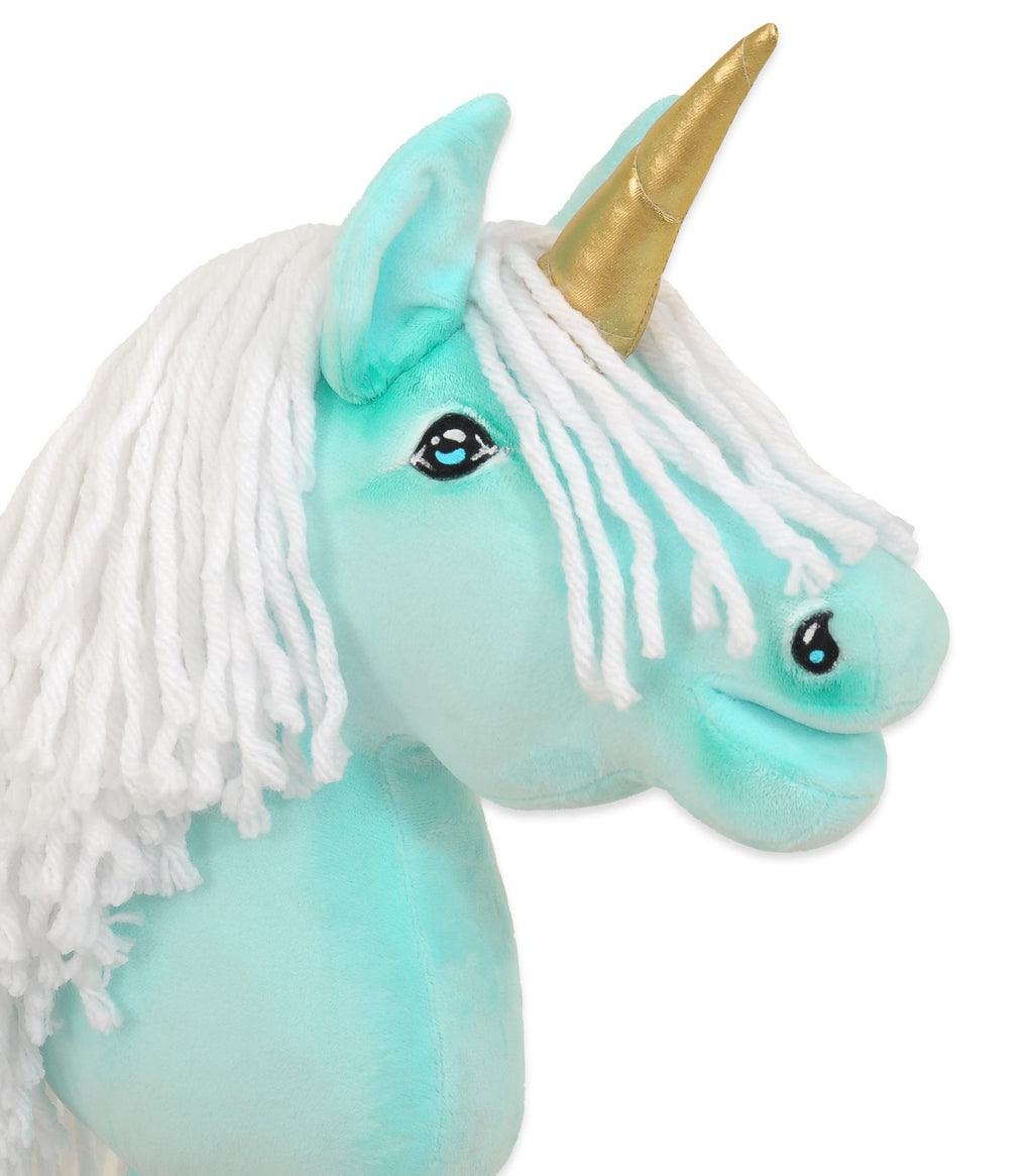 Hobby Horse Unicorn on a stick - mint with white mane and golden horn A4