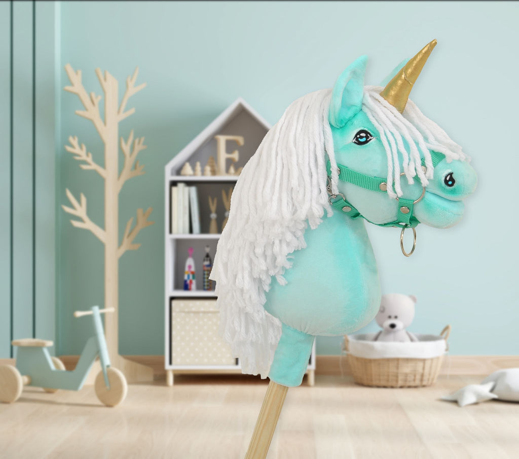 Hobby Horse Unicorn on a stick - mint with white mane and golden horn A4