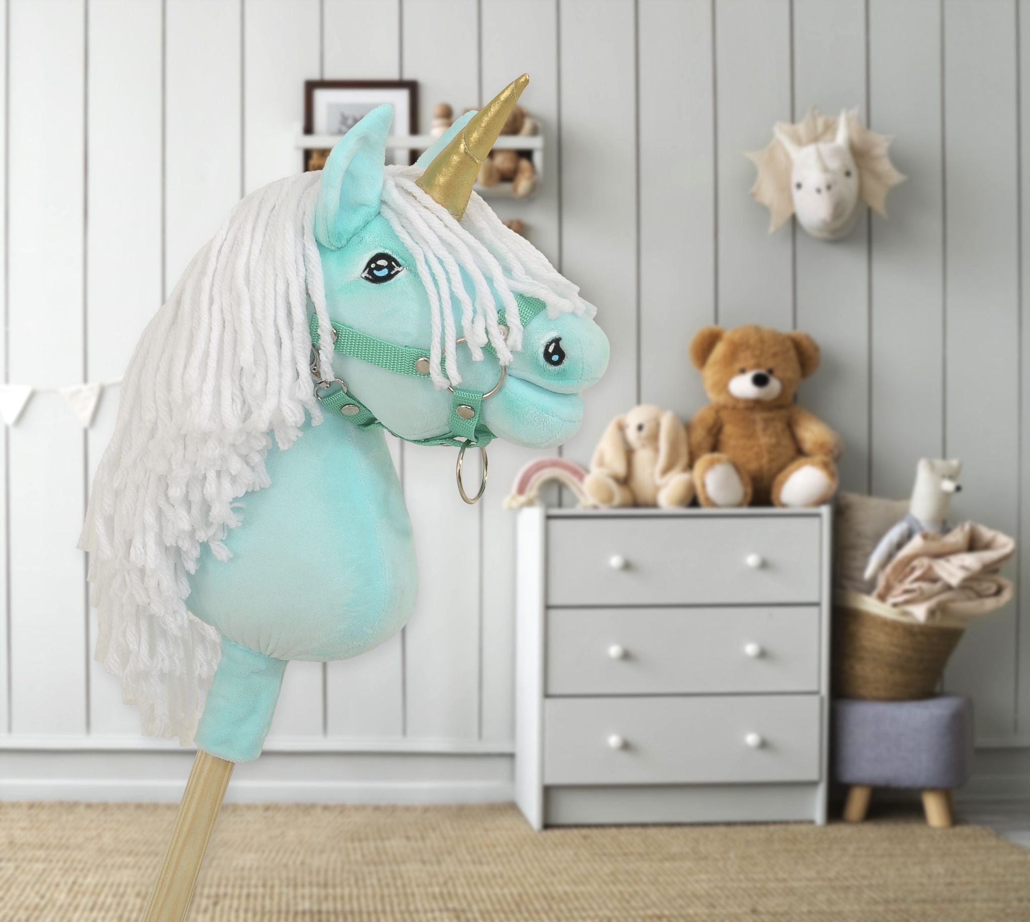 Hobby Horse Unicorn on a stick - mint with white mane and golden horn A4