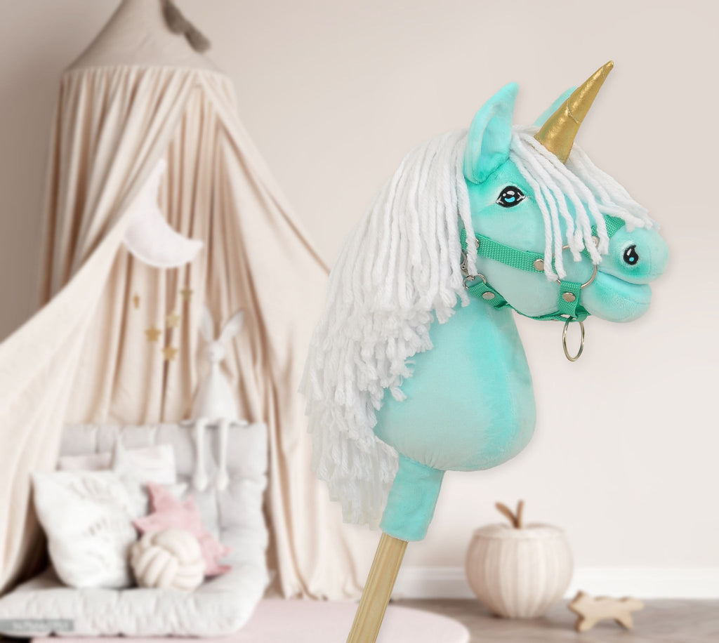 Hobby Horse Unicorn on a stick - mint with white mane and golden horn A4