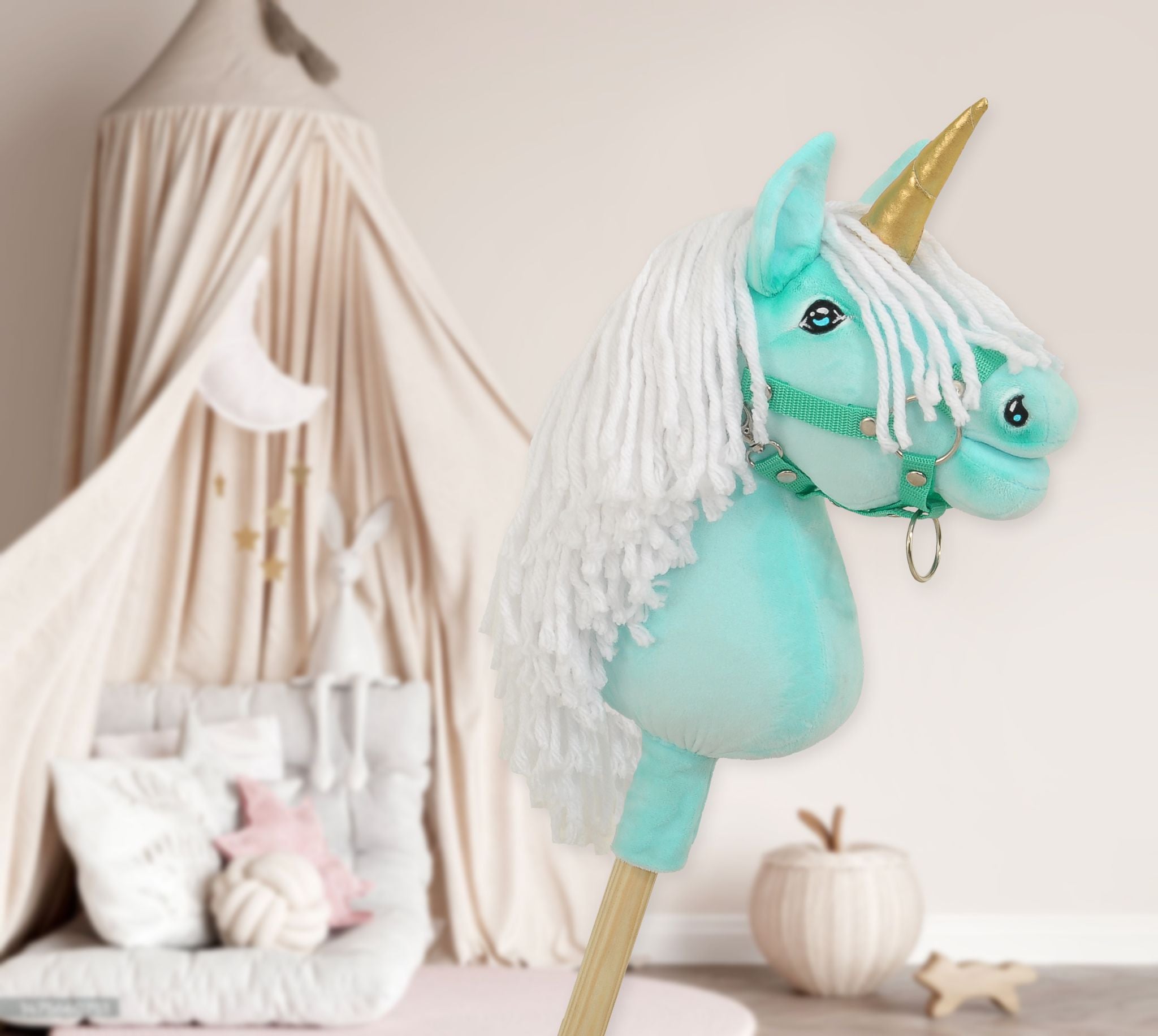 Hobby Horse Unicorn on a stick - mint with white mane and golden horn A4