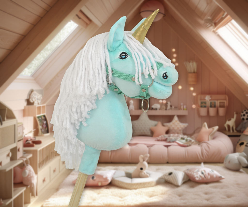 Hobby Horse Unicorn on a stick - mint with white mane and golden horn A4