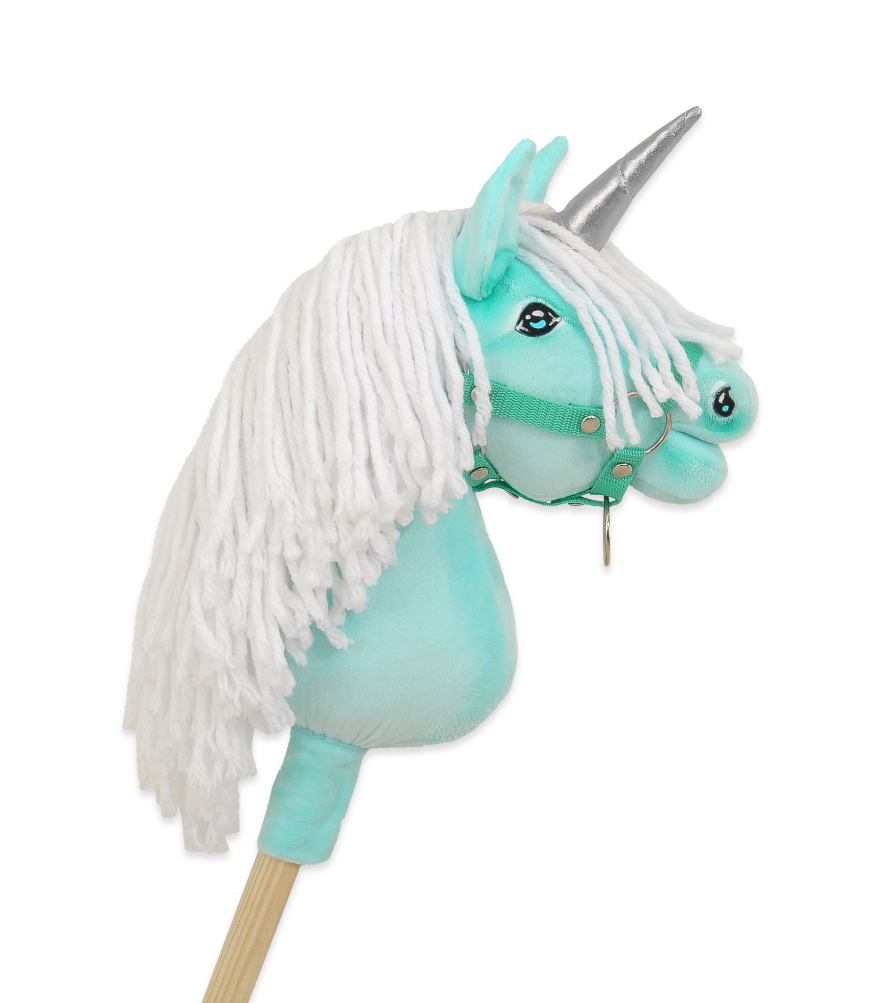 Hobby Horse Unicorn on a stick - mint with white mane and silver horn A4
