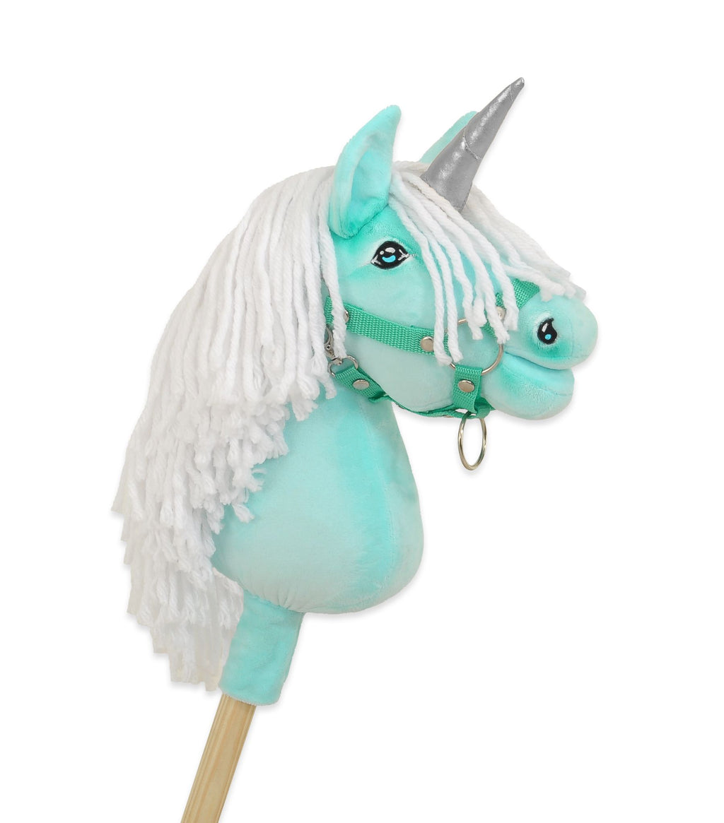 Hobby Horse Unicorn on a stick - mint with white mane and silver horn A4