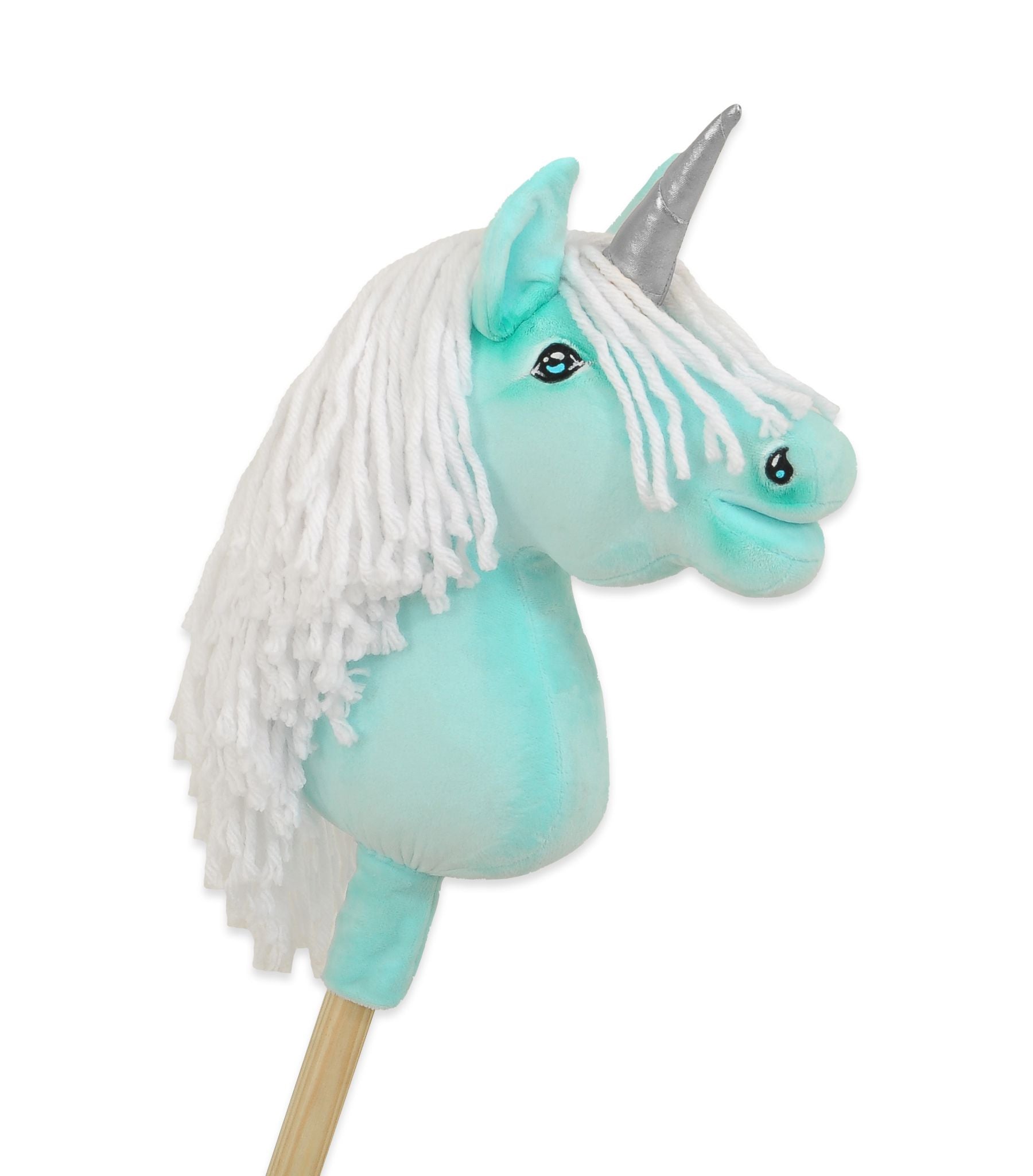 Hobby Horse Unicorn on a stick - mint with white mane and silver horn A4