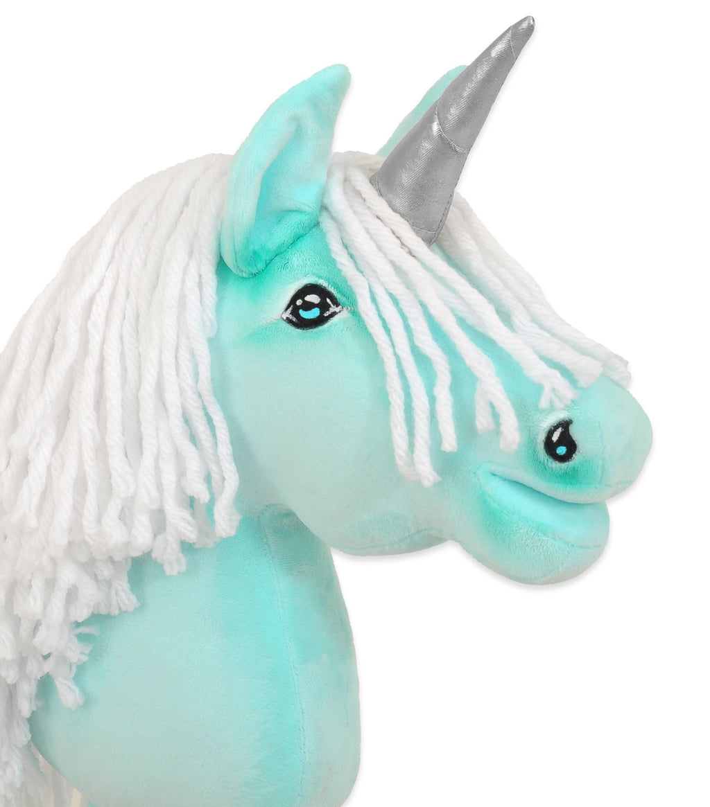 Hobby Horse Unicorn on a stick - mint with white mane and silver horn A4