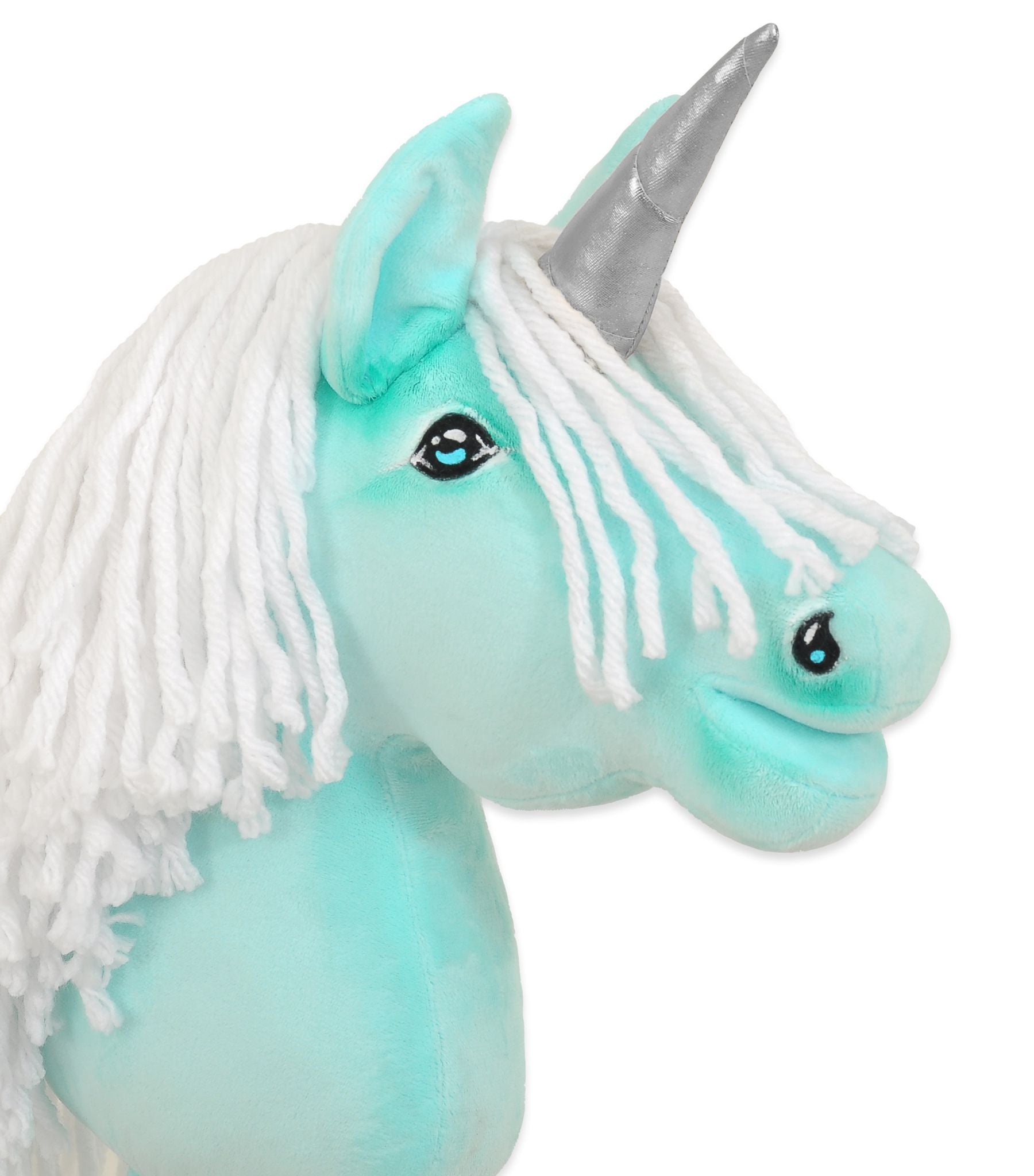 Hobby Horse Unicorn on a stick - mint with white mane and silver horn A4