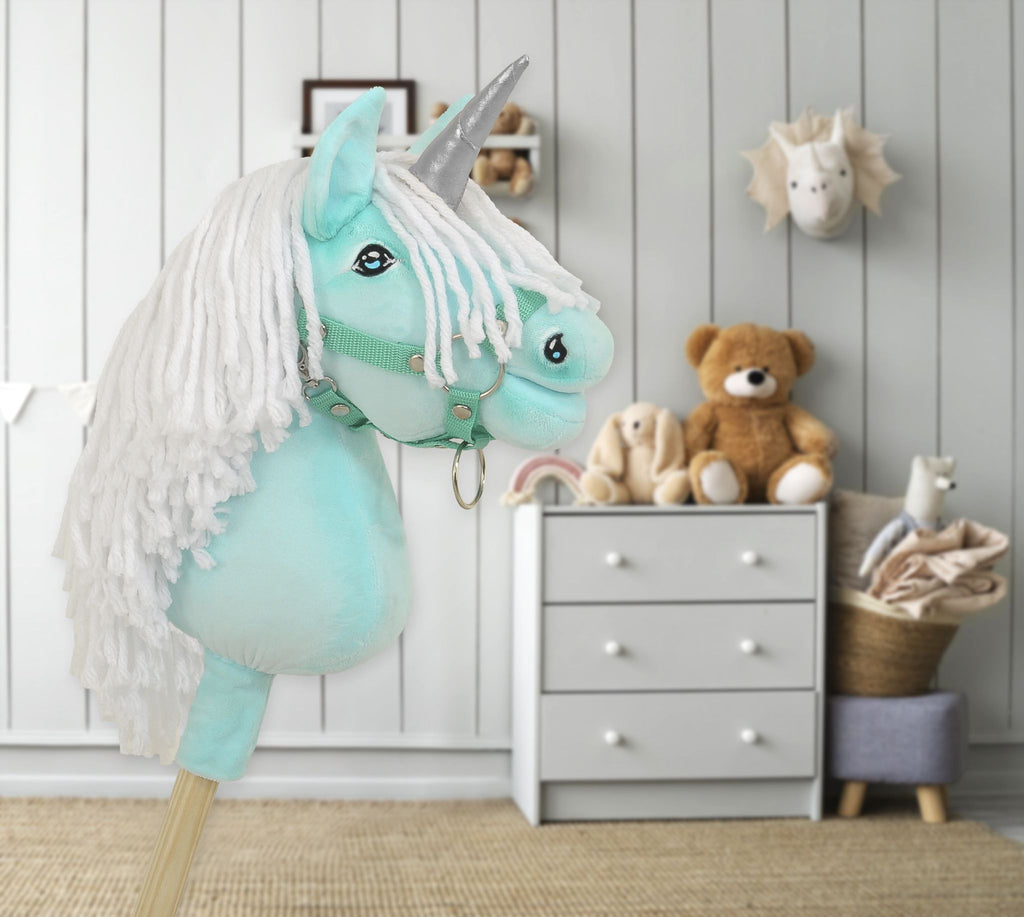 Hobby Horse Unicorn on a stick - mint with white mane and silver horn A4
