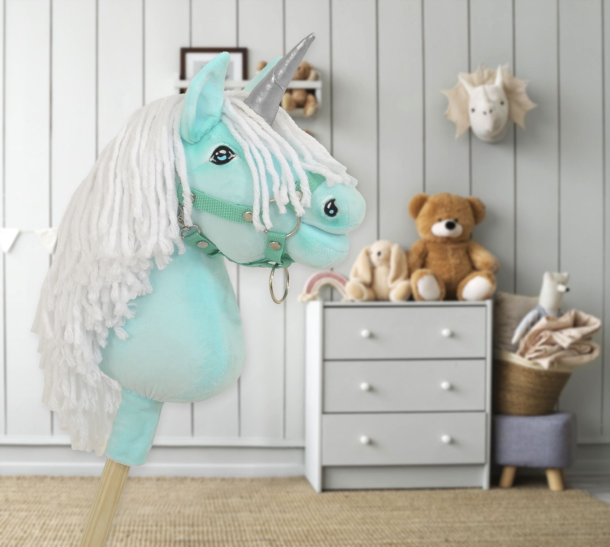Hobby Horse Unicorn on a stick - mint with white mane and silver horn A4