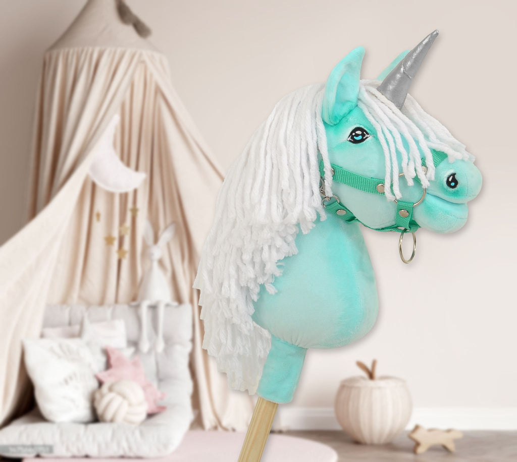 Hobby Horse Unicorn on a stick - mint with white mane and silver horn A4