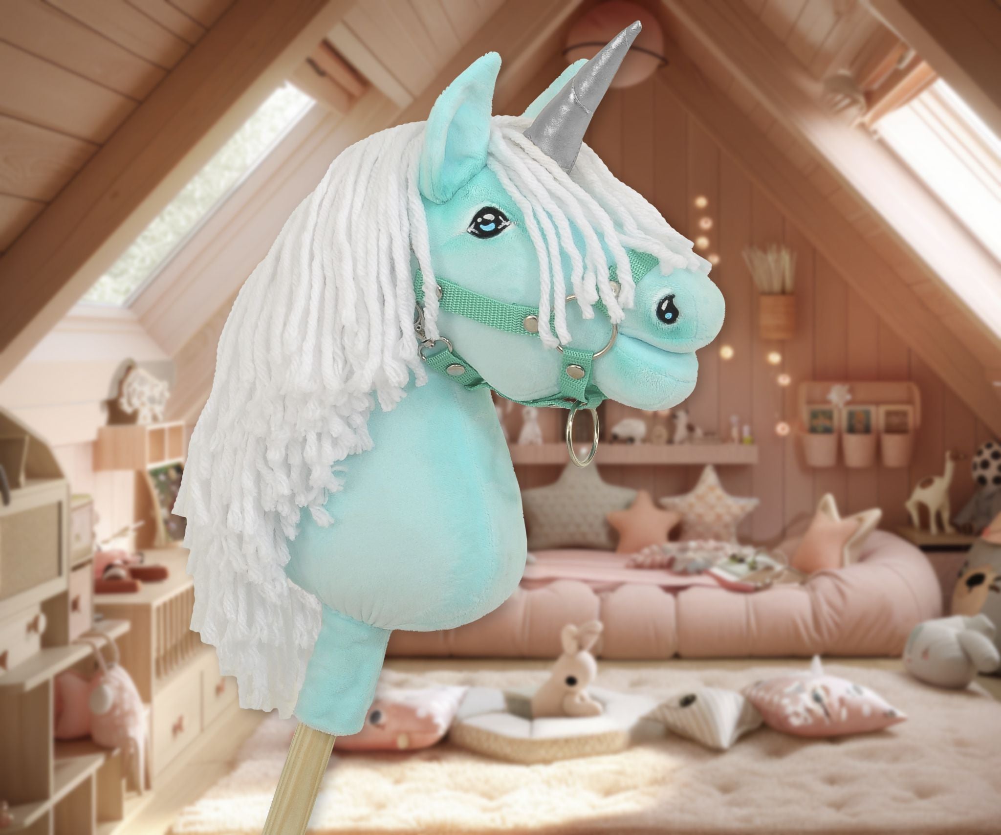 Hobby Horse Unicorn on a stick - mint with white mane and silver horn A4