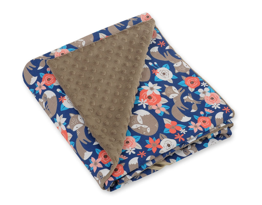 Big double-sided car seat blanket for babies - fox family on blue/brown