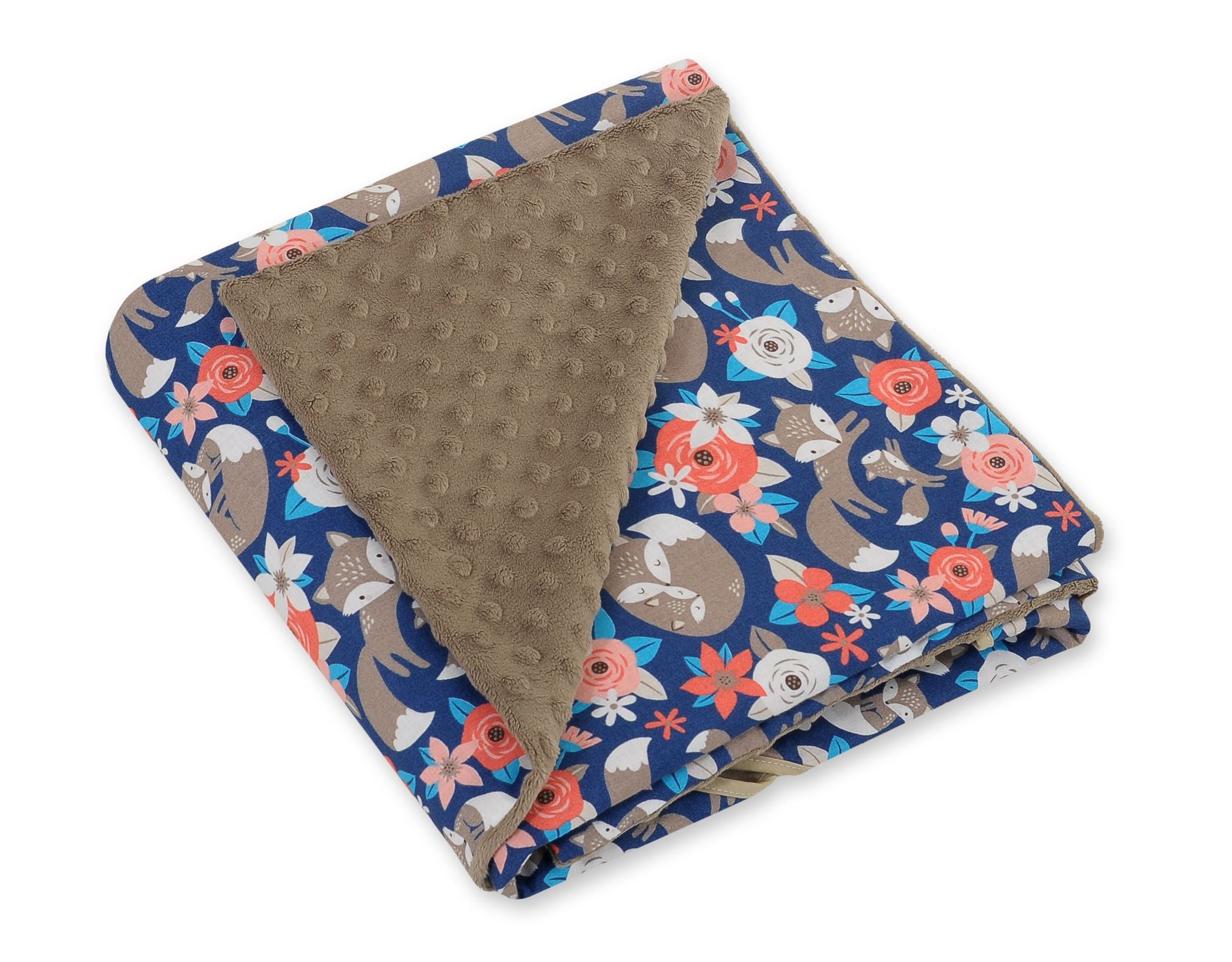 Big double-sided car seat blanket for babies - fox family on blue/brown