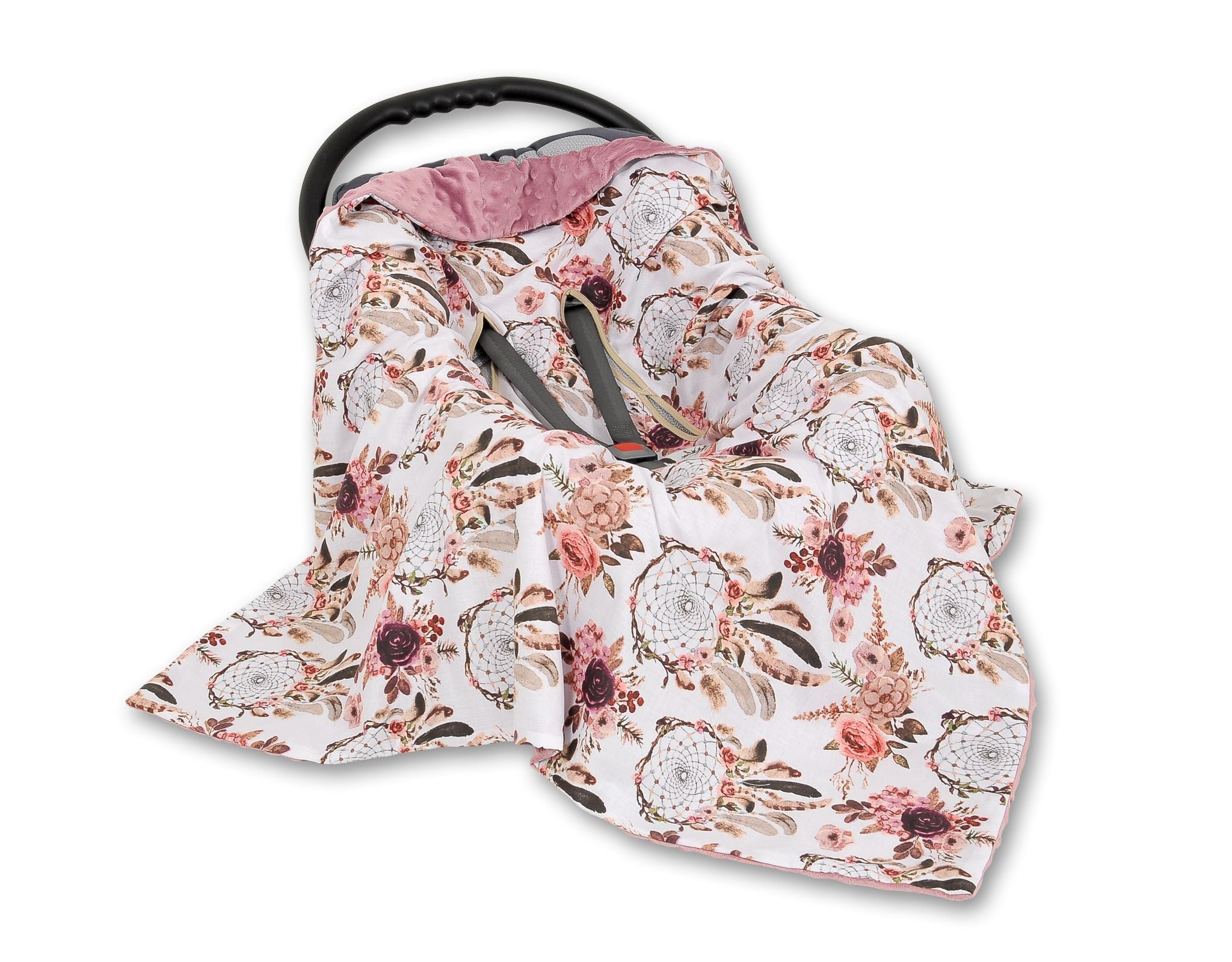 Big double-sided car seat blanket for babies - flower dream catchers/pastel violet