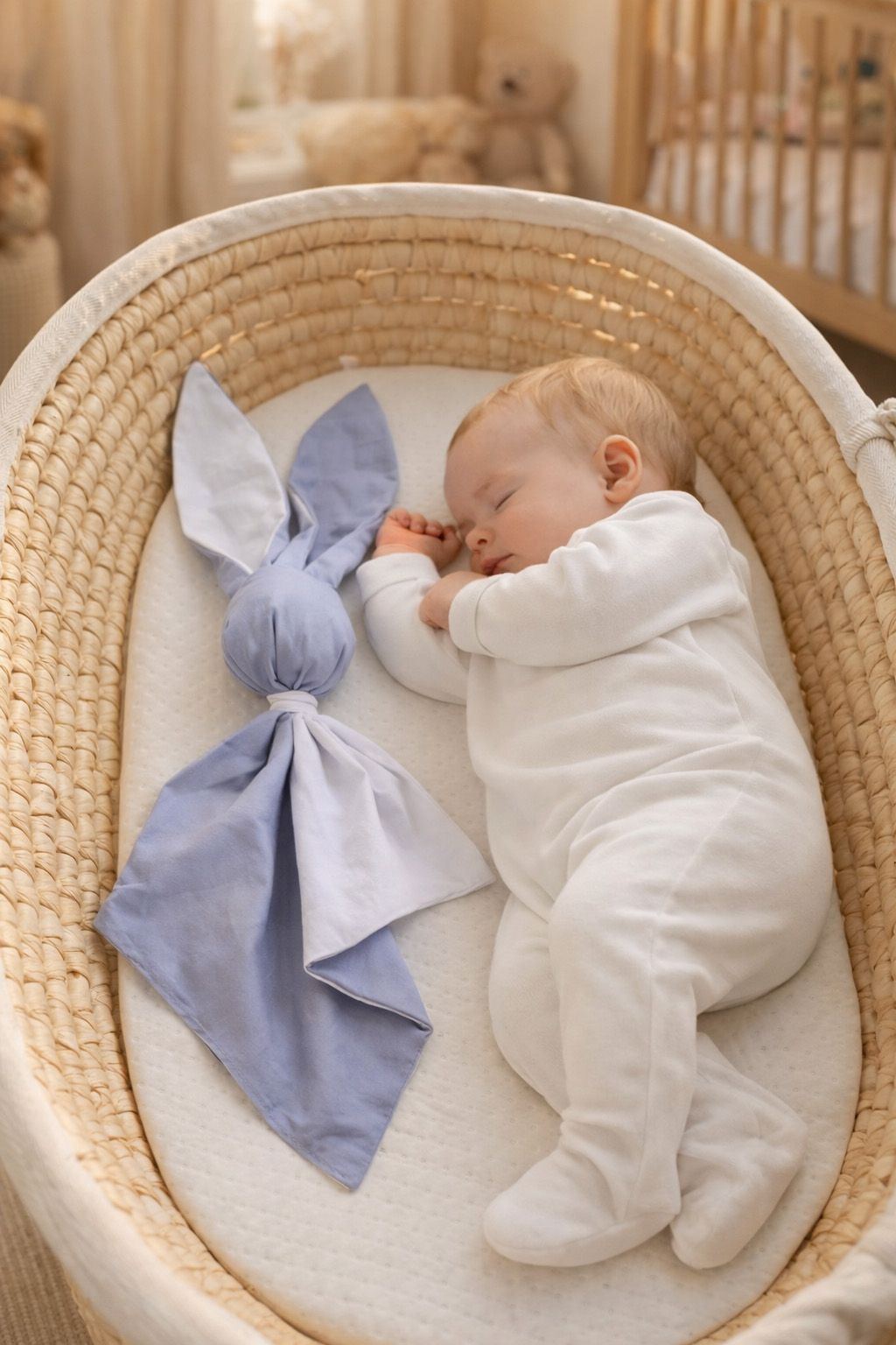 DOUDOU Soft cosy cuddly bunny blanket in cotton - Pastel blue/ white
